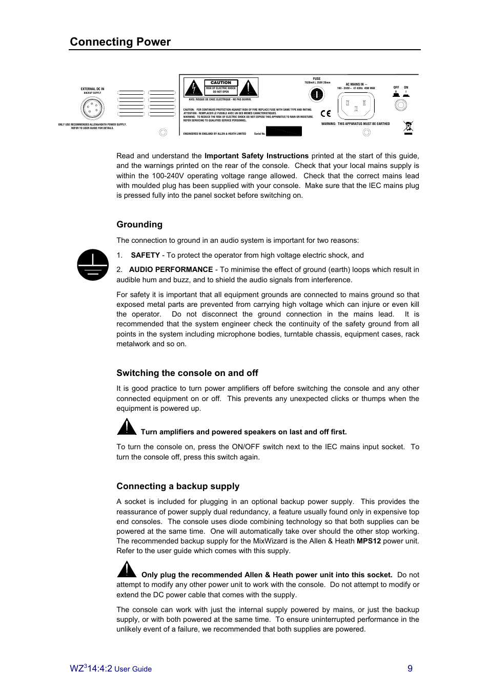 Connecting power, Grounding, Switching the console on and off | Connecting a backup supply | Allen&Heath MixWizard3 14-4-2 User Manual | Page 9 / 27