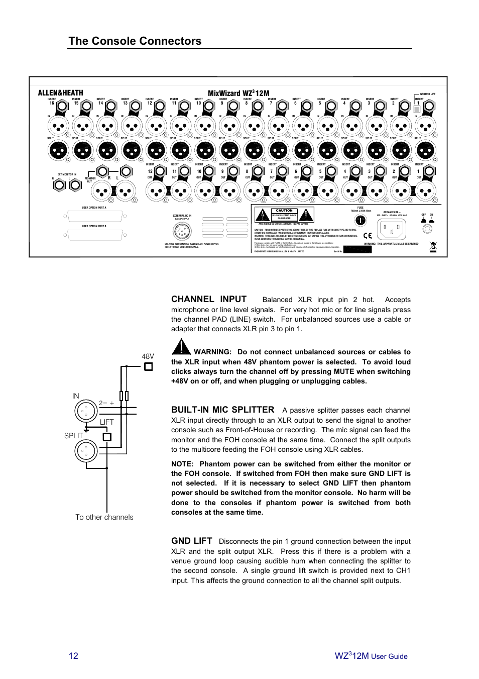 The console connectors, Channel input, Built-in mic splitter | Gnd lift, User guide, Mixwizard wz allen&heath | Allen&Heath MixWizard3 12M User Manual | Page 12 / 22