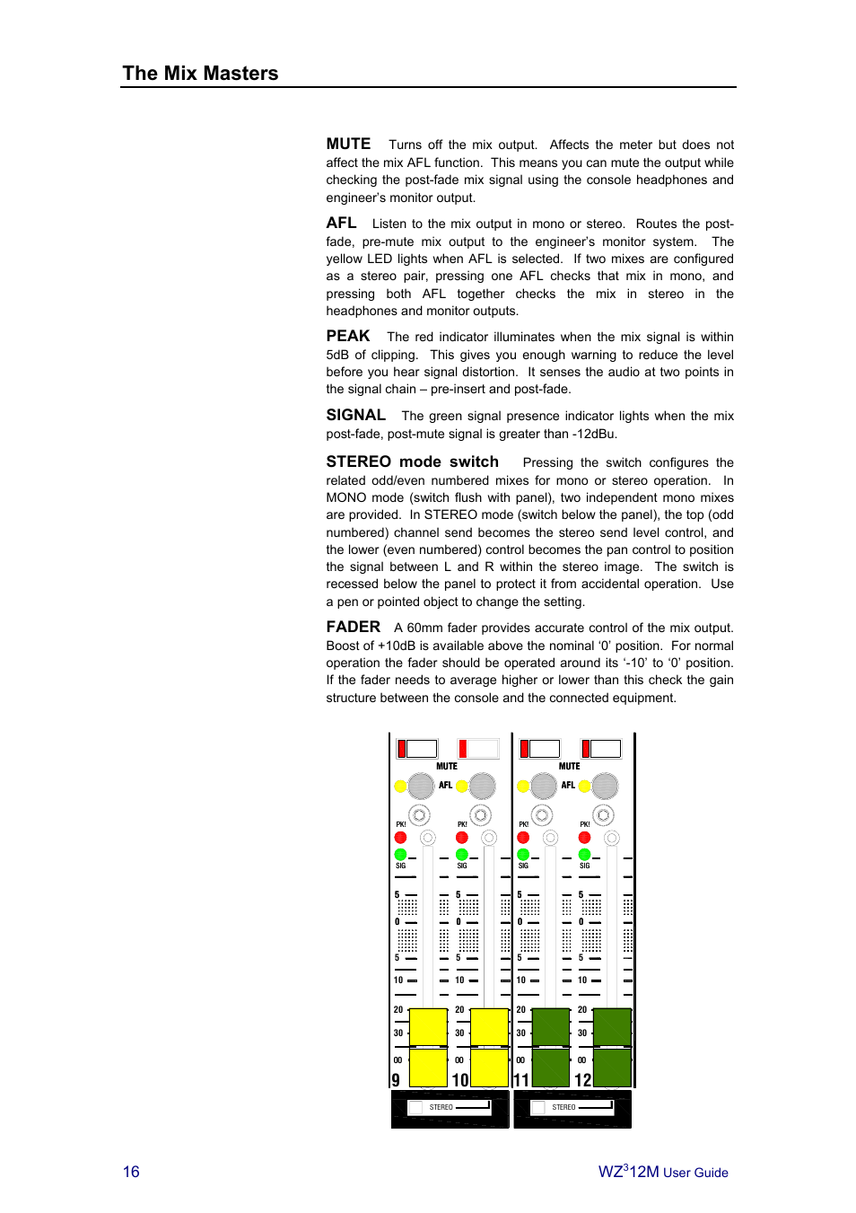 The mix masters, Mute, Peak | Signal, Stereo mode switch, Fader | Allen&Heath MixWizard3 12M User Manual | Page 16 / 22