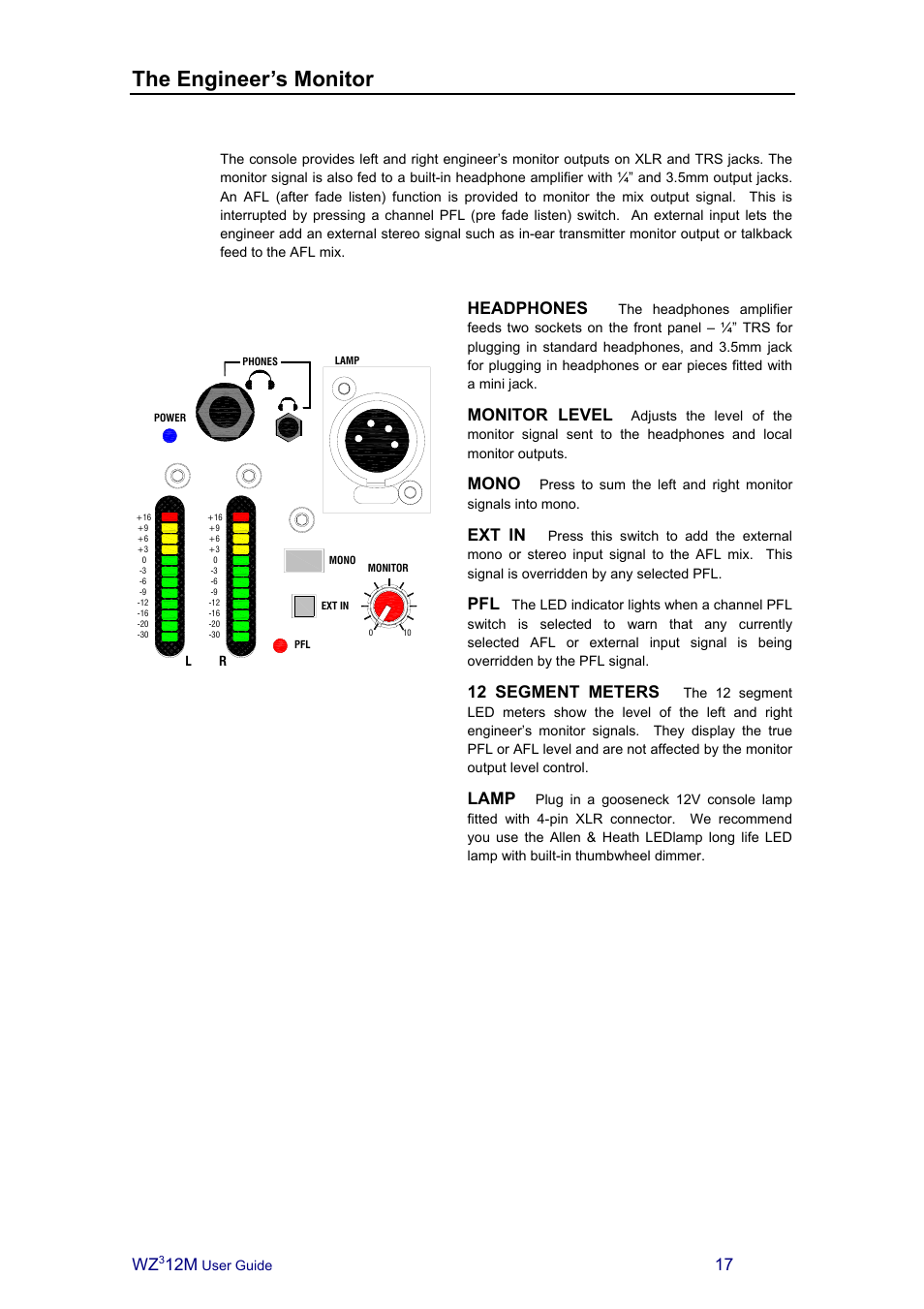 The engineer’s monitor, Headphones, Monitor level | Mono, Ext in, 12 segment meters, Lamp | Allen&Heath MixWizard3 12M User Manual | Page 17 / 22