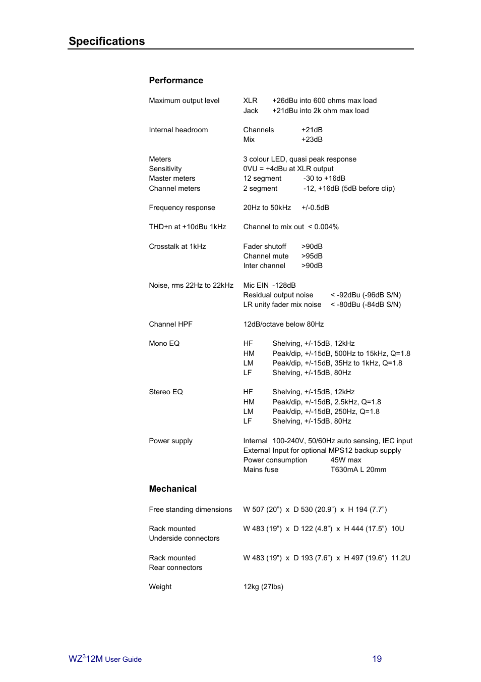 Specifications | Allen&Heath MixWizard3 12M User Manual | Page 19 / 22