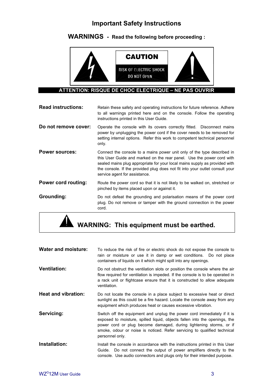 Important safety instructions warnings, Caution warning: this equipment must be earthed | Allen&Heath MixWizard3 12M User Manual | Page 3 / 22