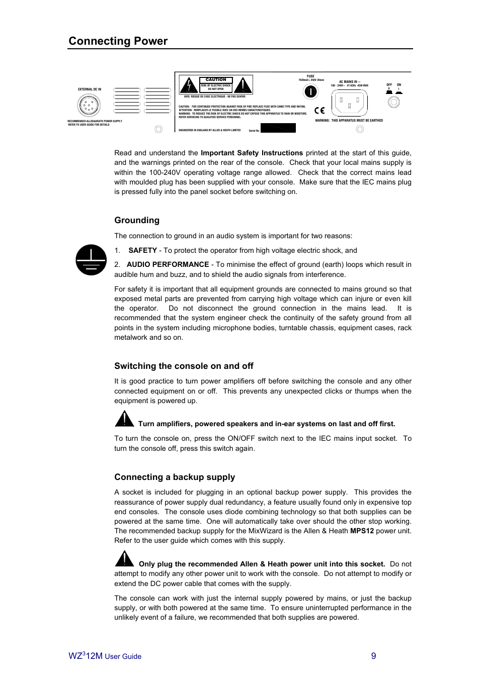 Connecting power, Grounding, Switching the console on and off | Connecting a backup supply | Allen&Heath MixWizard3 12M User Manual | Page 9 / 22