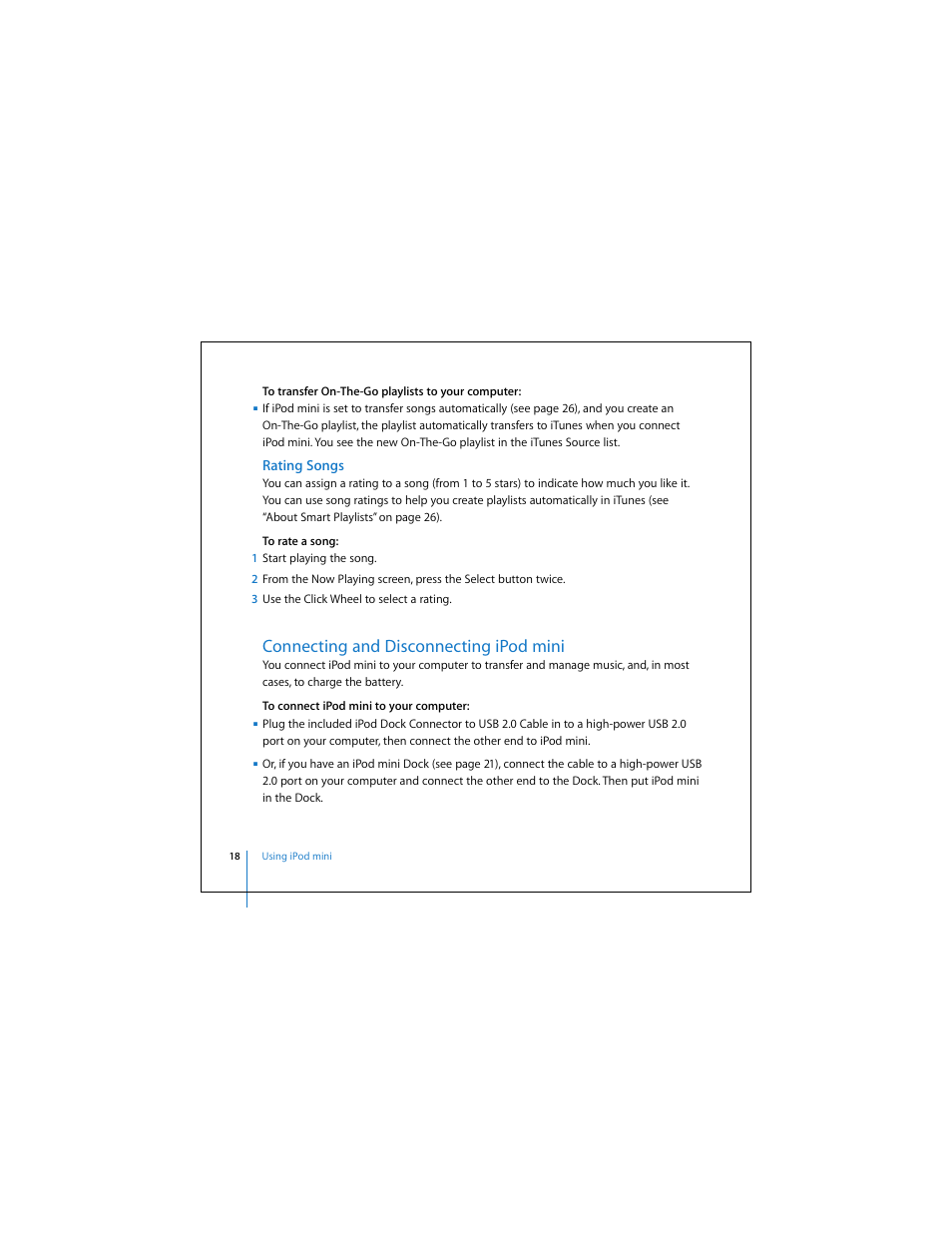 Rating songs, Connecting and disconnecting ipod mini | Apple iPod mini (User’s Guide) User Manual | Page 18 / 63
