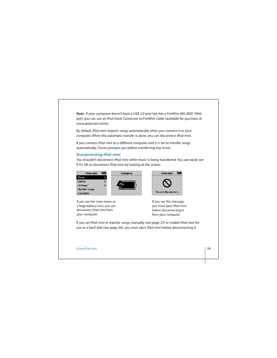 Disconnecting ipod mini | Apple iPod mini (User’s Guide) User Manual | Page 19 / 63