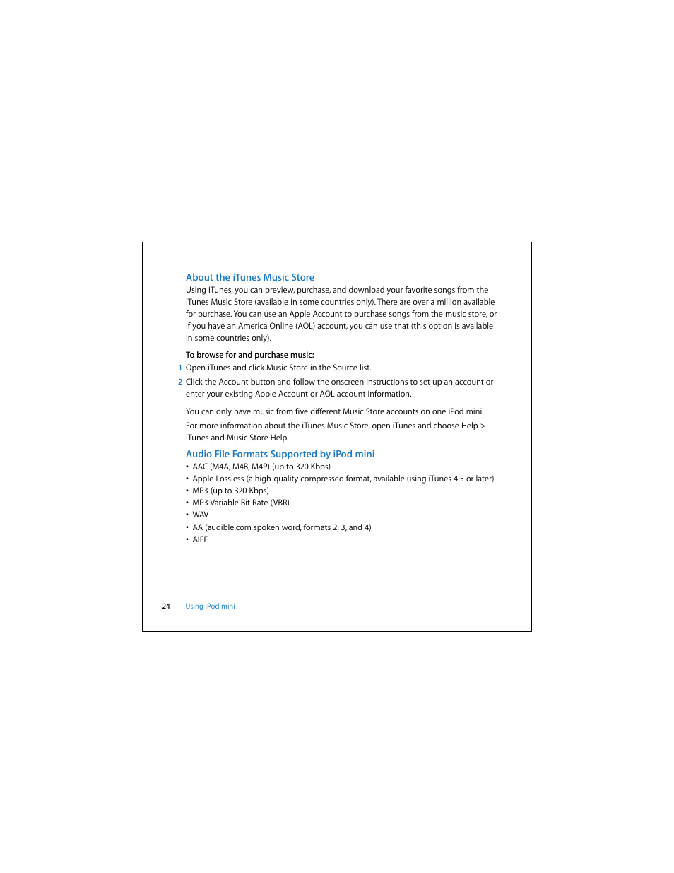 About the itunes music store, Audio file formats supported by ipod mini | Apple iPod mini (User’s Guide) User Manual | Page 24 / 63