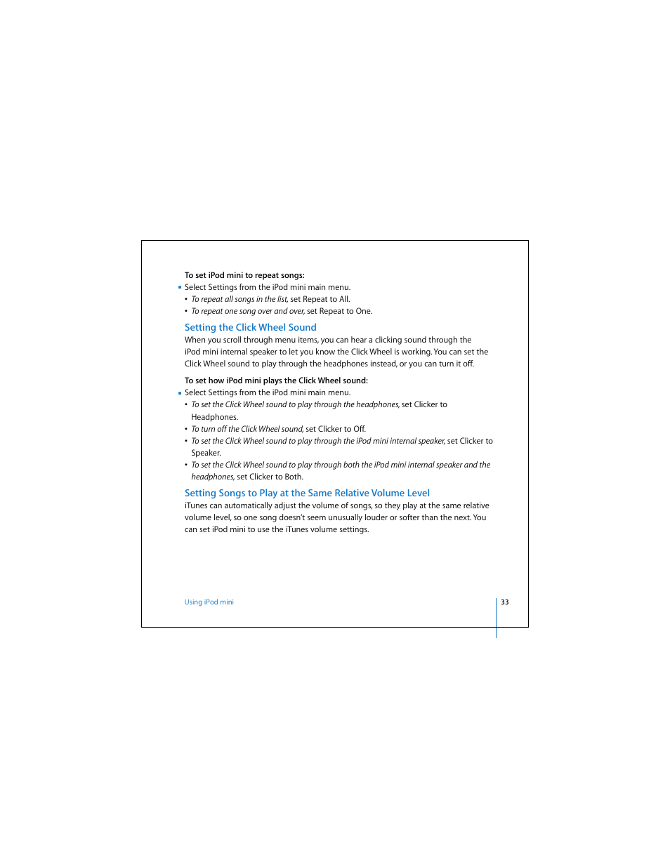 Setting the click wheel sound | Apple iPod mini (User’s Guide) User Manual | Page 33 / 63