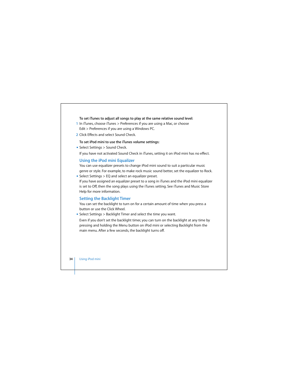 Using the ipod mini equalizer, Setting the backlight timer | Apple iPod mini (User’s Guide) User Manual | Page 34 / 63
