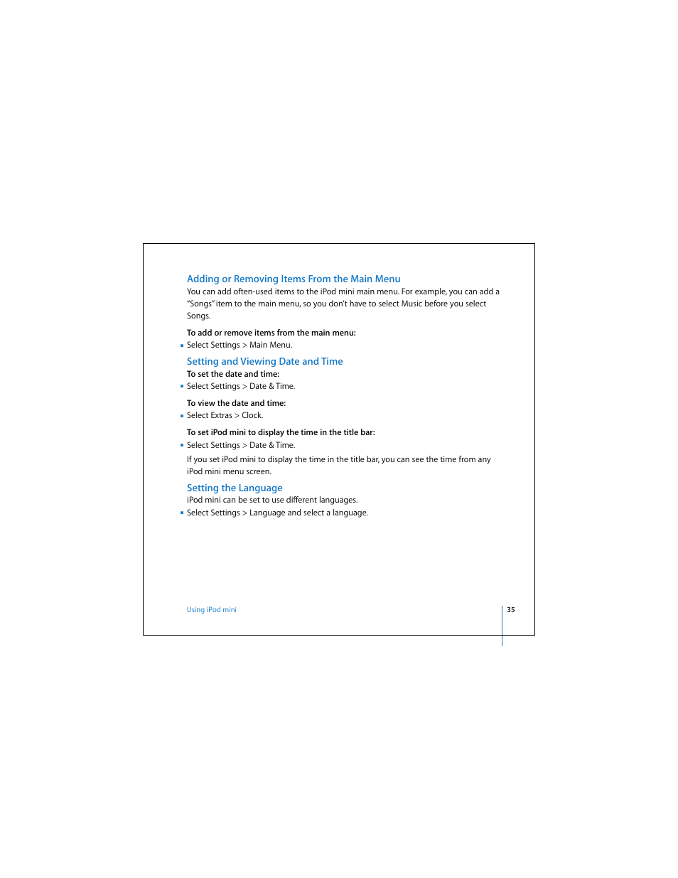 Adding or removing items from the main menu, Setting and viewing date and time, Setting the language | Apple iPod mini (User’s Guide) User Manual | Page 35 / 63