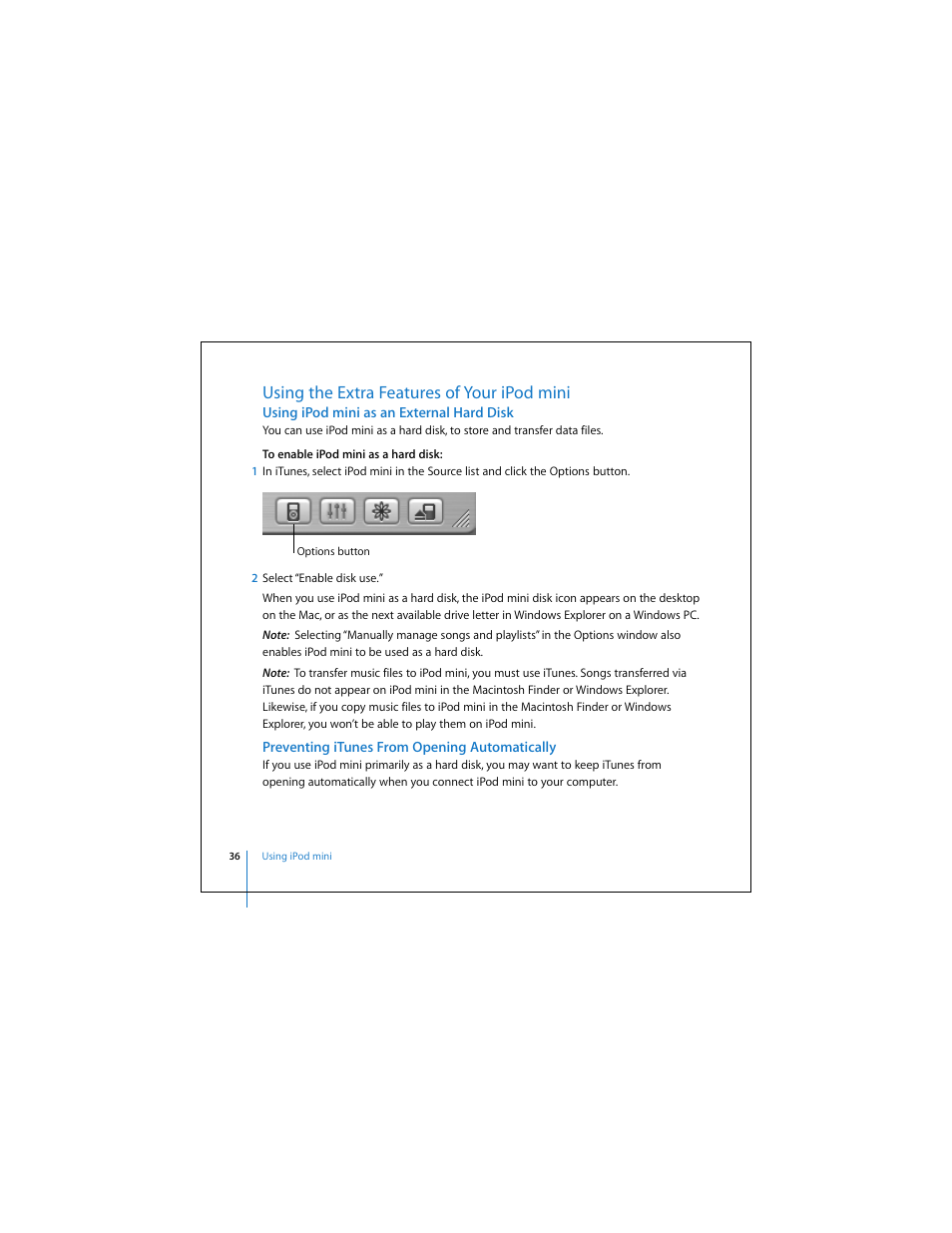 Using the extra features of your ipod mini, Using ipod mini as an external hard disk, Preventing itunes from opening automatically | Apple iPod mini (User’s Guide) User Manual | Page 36 / 63