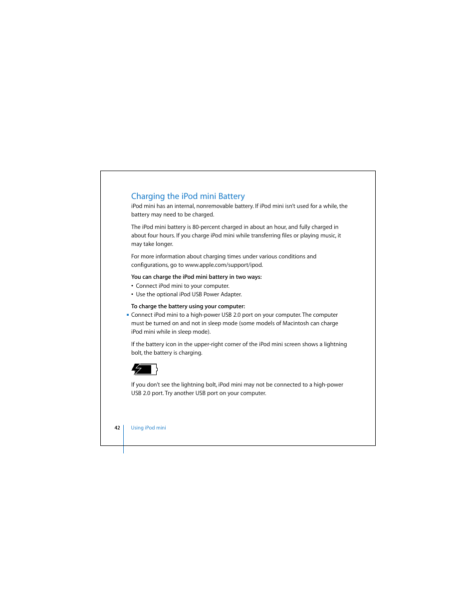 Charging the ipod mini battery | Apple iPod mini (User’s Guide) User Manual | Page 42 / 63