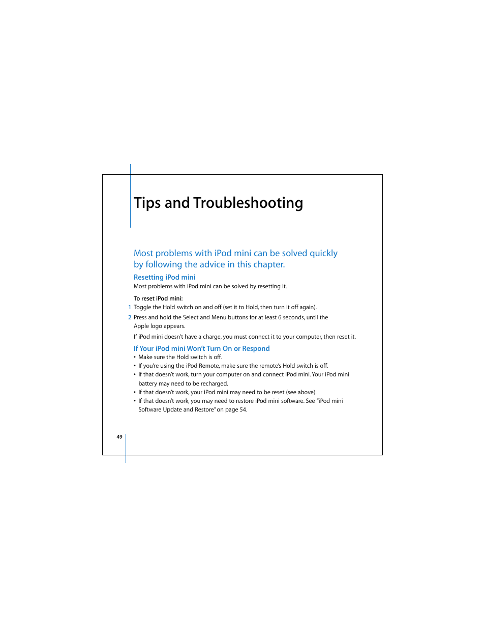 Tips and troubleshooting, Resetting ipod mini, If your ipod mini won’t turn on or respond | Apple iPod mini (User’s Guide) User Manual | Page 49 / 63