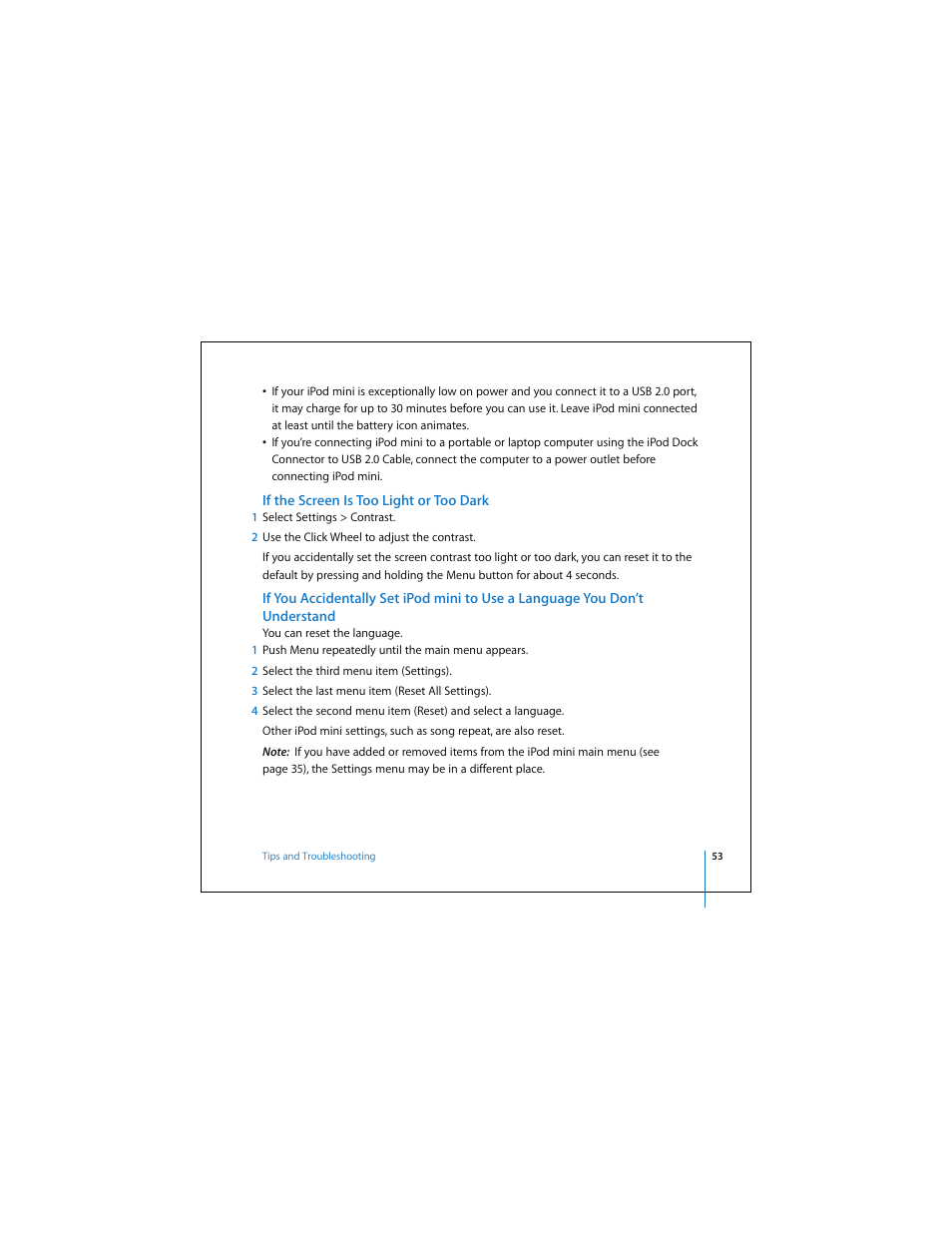 If the screen is too light or too dark | Apple iPod mini (User’s Guide) User Manual | Page 53 / 63