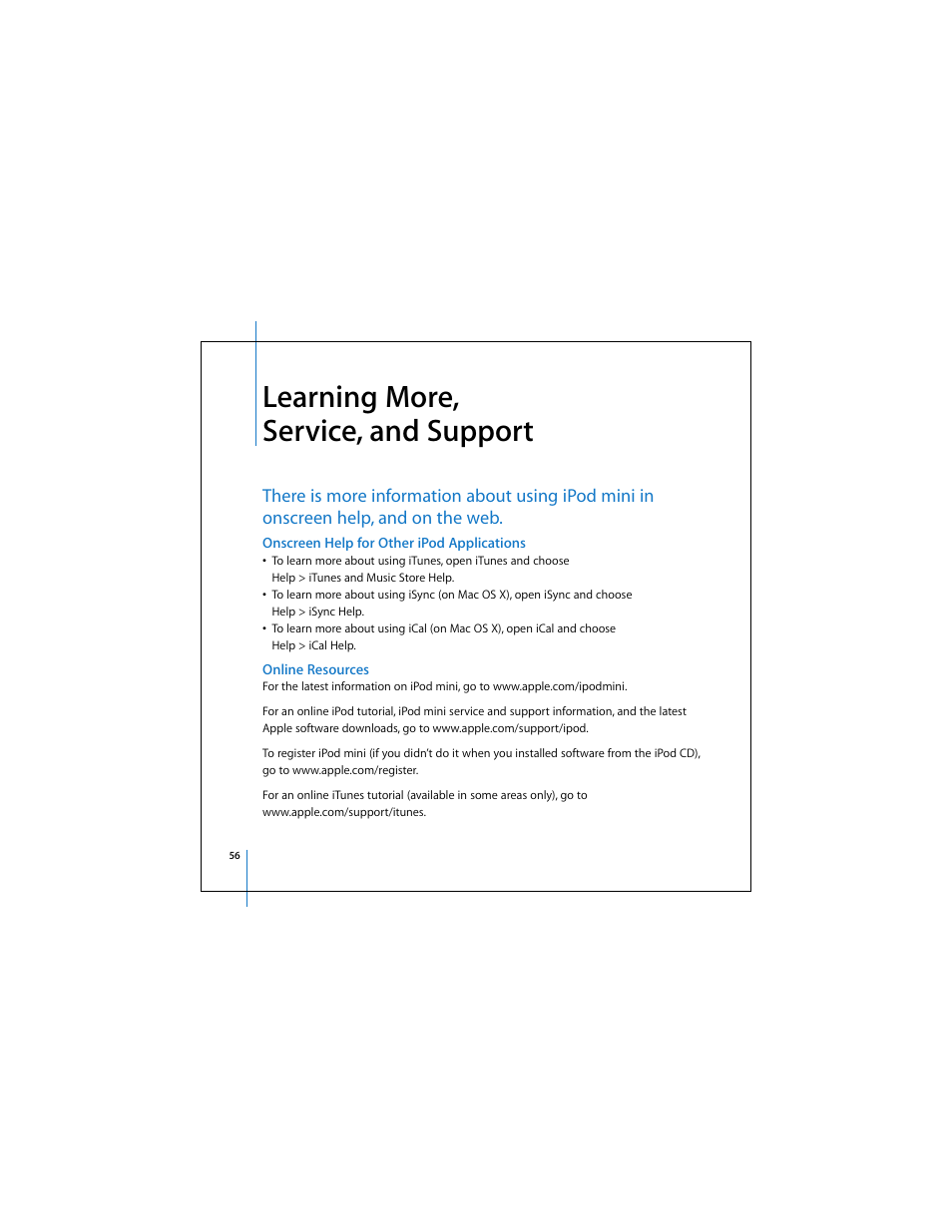 Learning more, service, and support, Onscreen help for other ipod applications, Online resources | Apple iPod mini (User’s Guide) User Manual | Page 56 / 63