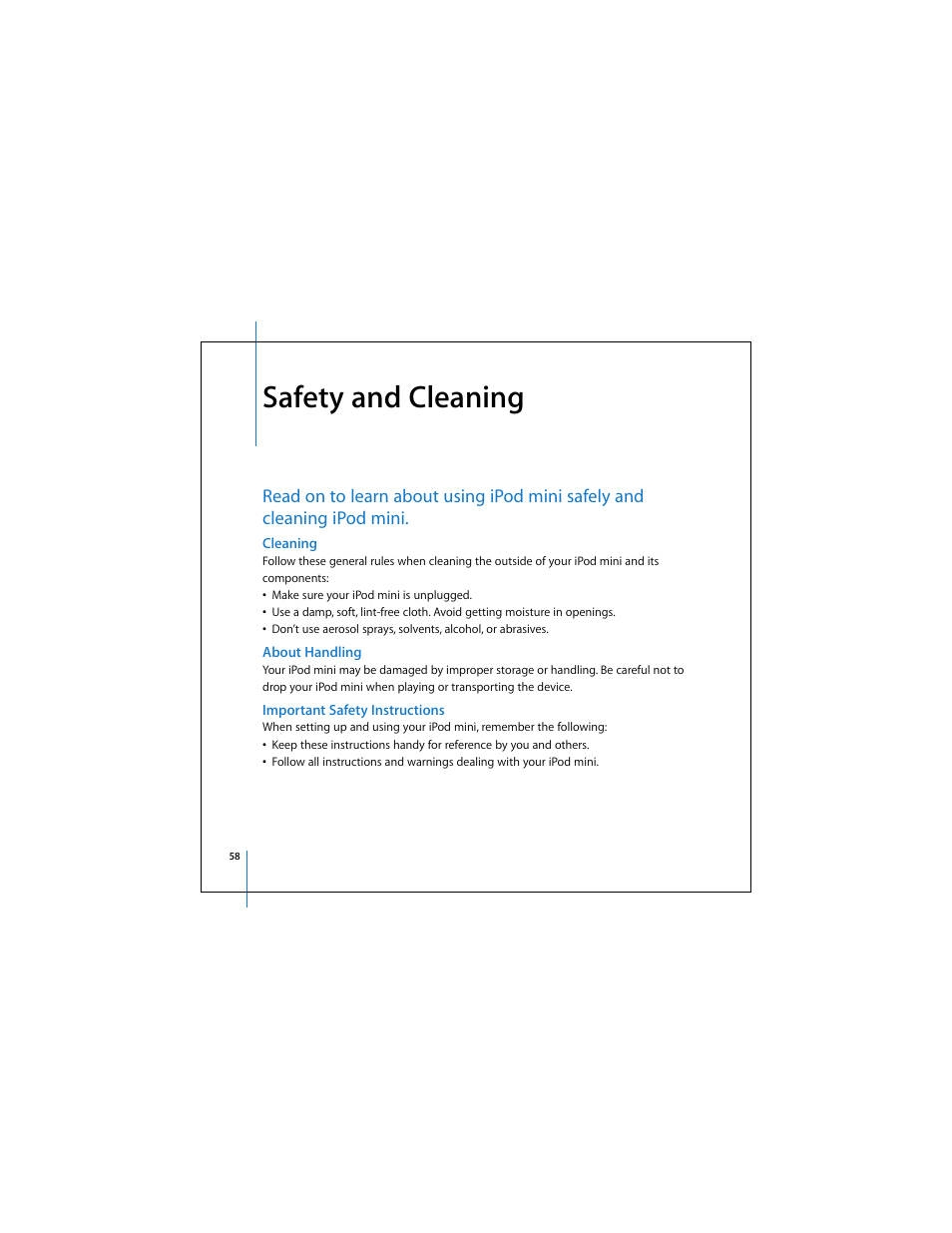 Safety and cleaning, Cleaning, About handling | Important safety instructions | Apple iPod mini (User’s Guide) User Manual | Page 58 / 63