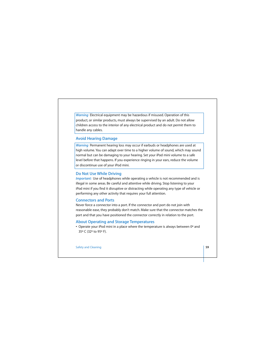 Avoid hearing damage, Do not use while driving, Connectors and ports | About operating and storage temperatures | Apple iPod mini (User’s Guide) User Manual | Page 59 / 63