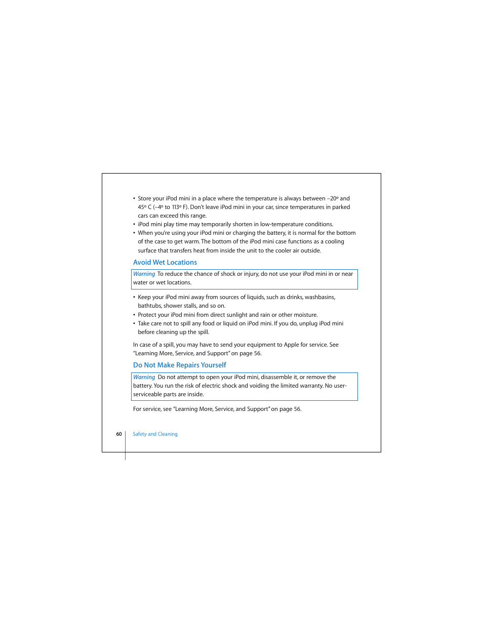 Avoid wet locations, Do not make repairs yourself | Apple iPod mini (User’s Guide) User Manual | Page 60 / 63