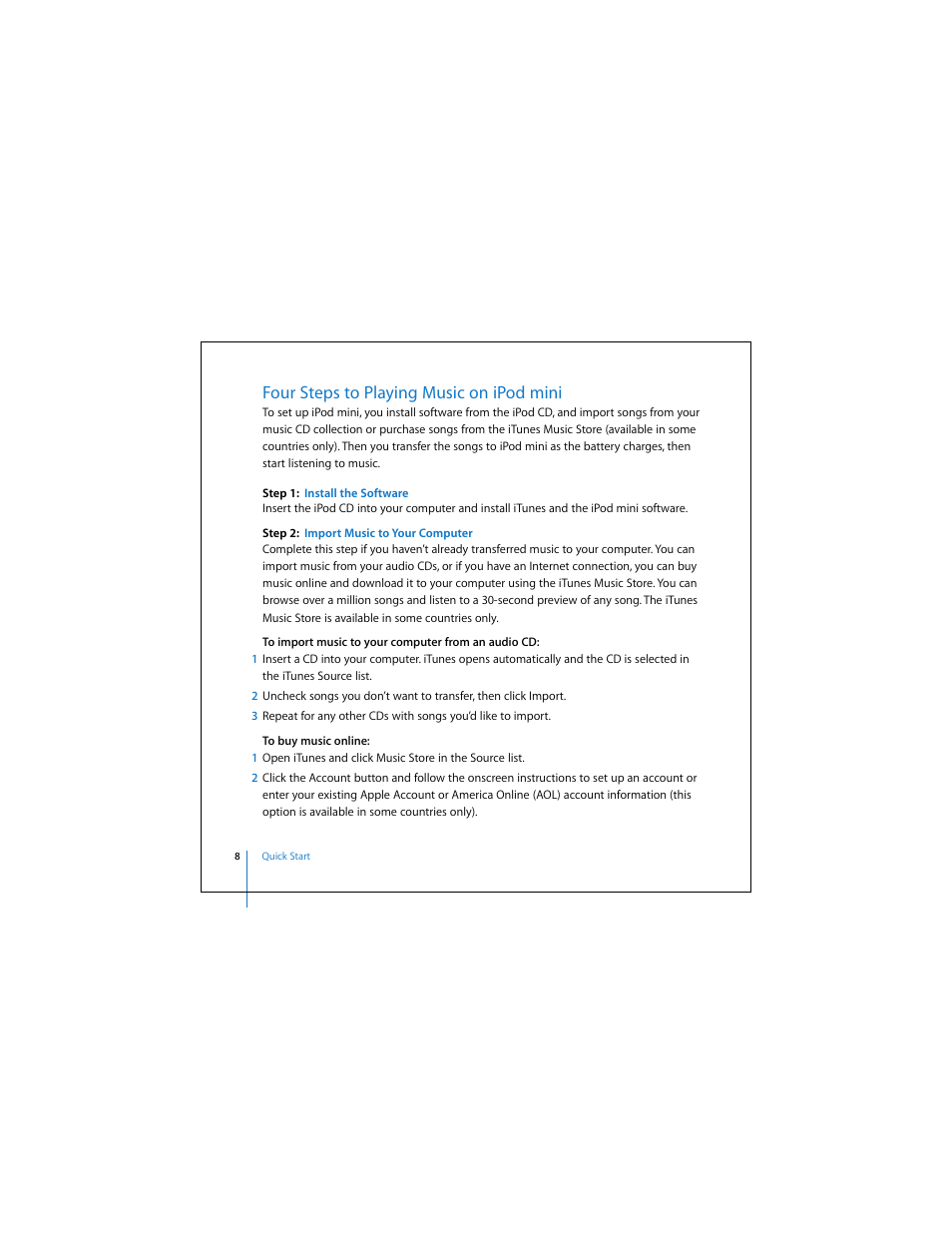 Four steps to playing music on ipod mini | Apple iPod mini (User’s Guide) User Manual | Page 8 / 63
