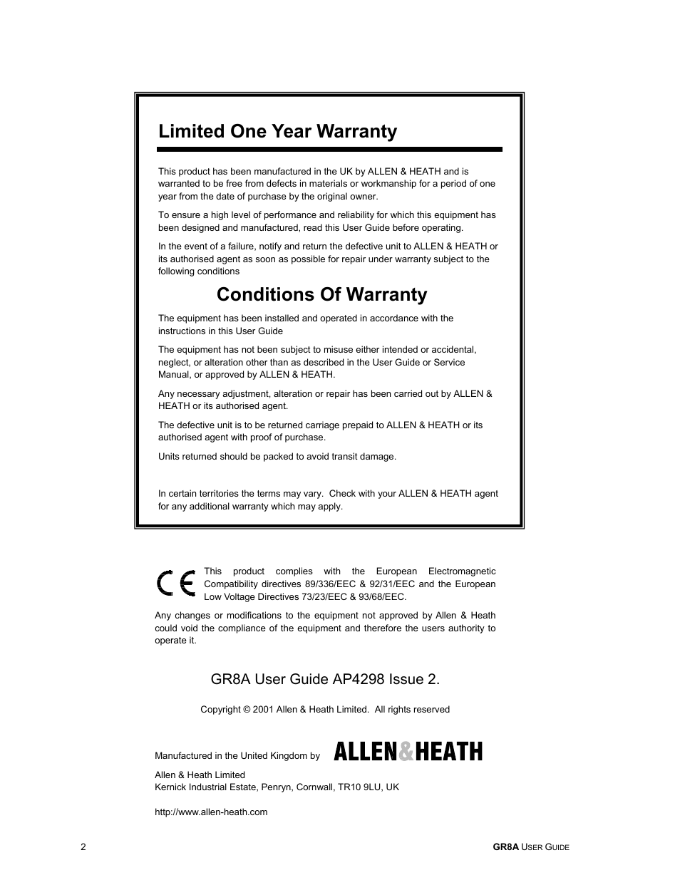 Limited one year warranty, Conditions of warranty | Allen&Heath GR8A User Manual | Page 2 / 11