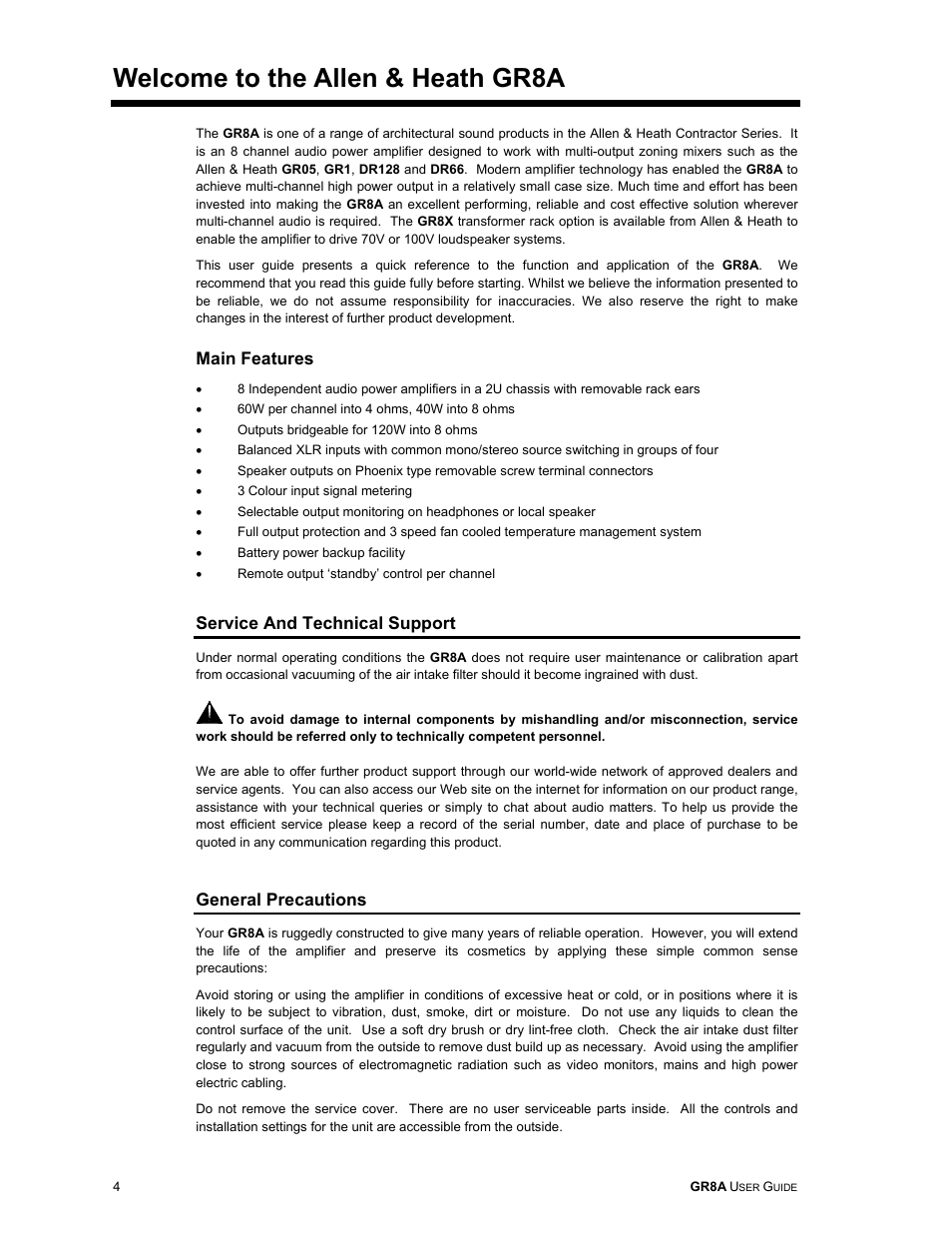 Welcome to the allen & heath gr8a, Main features, Service and technical support | General precautions | Allen&Heath GR8A User Manual | Page 4 / 11