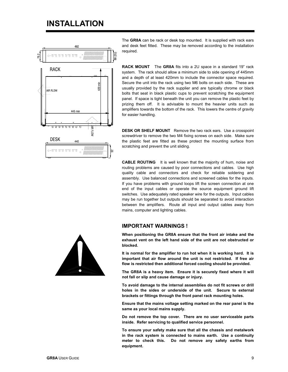 Installation, Important warnings | Allen&Heath GR8A User Manual | Page 9 / 11