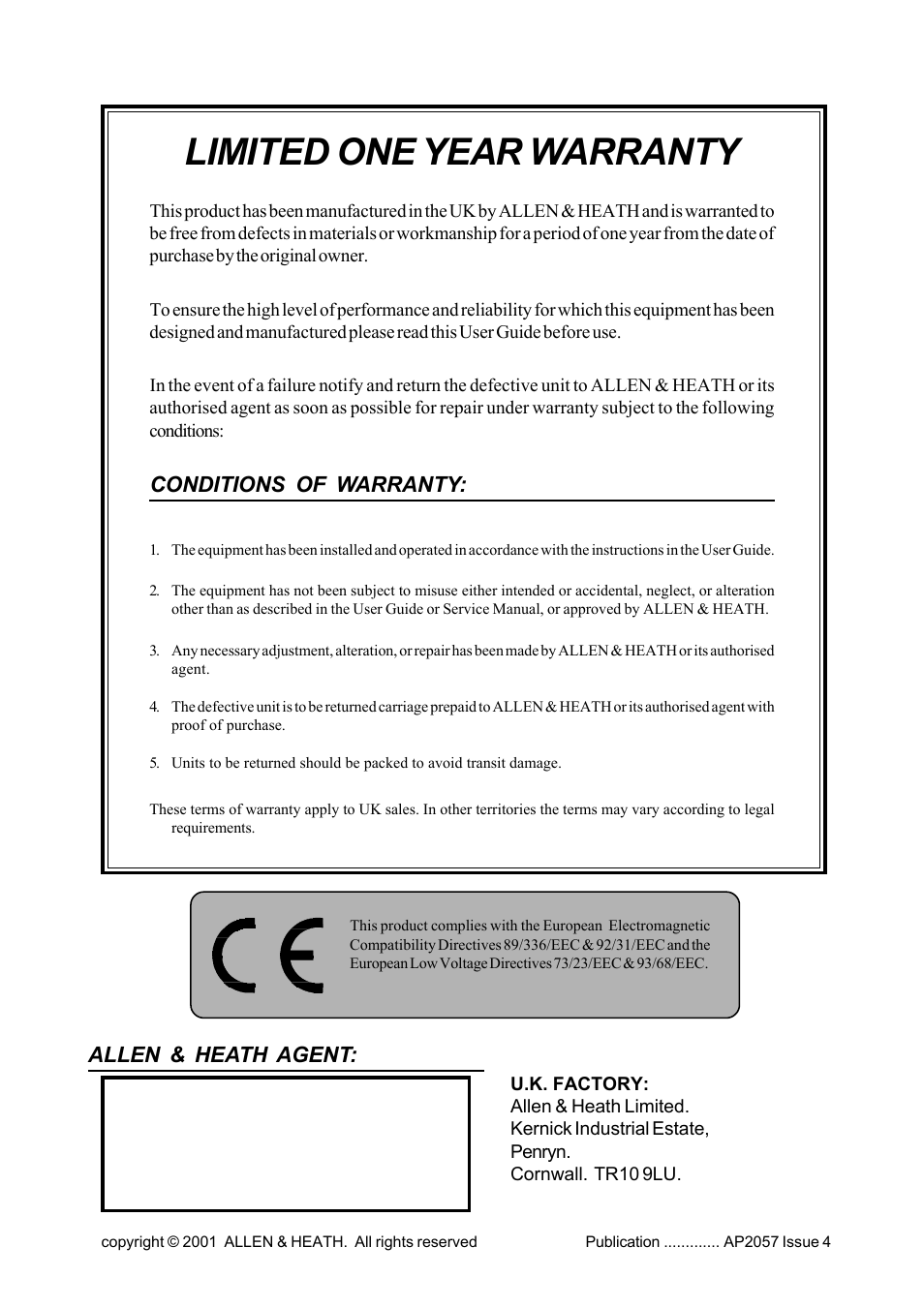 Limited one year warranty, Allen & heath agent, Conditions of warranty | Allen&Heath GR1 USER GUIDE User Manual | Page 2 / 17