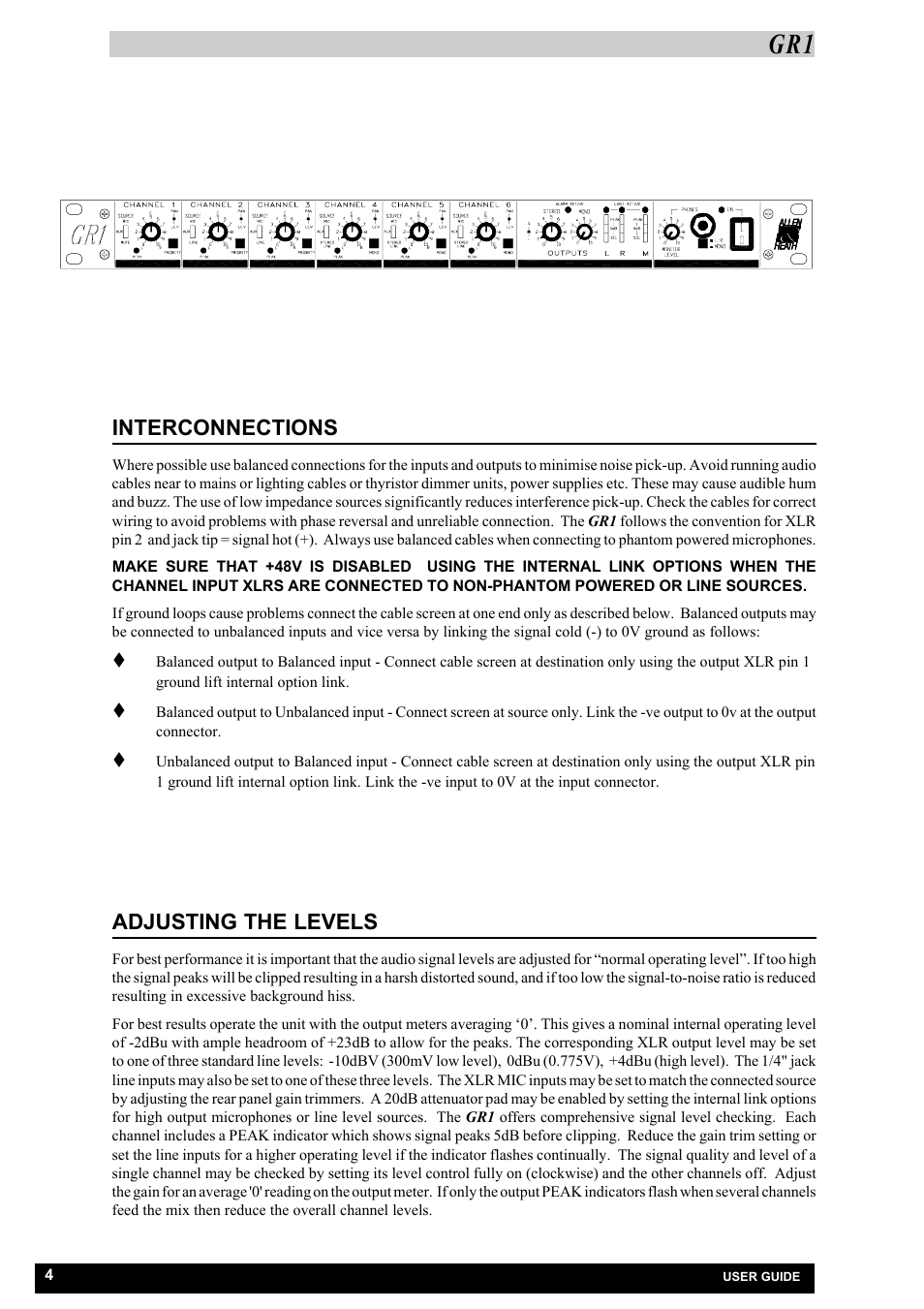 Interconnections, Adjusting the levels | Allen&Heath GR1 USER GUIDE User Manual | Page 4 / 17