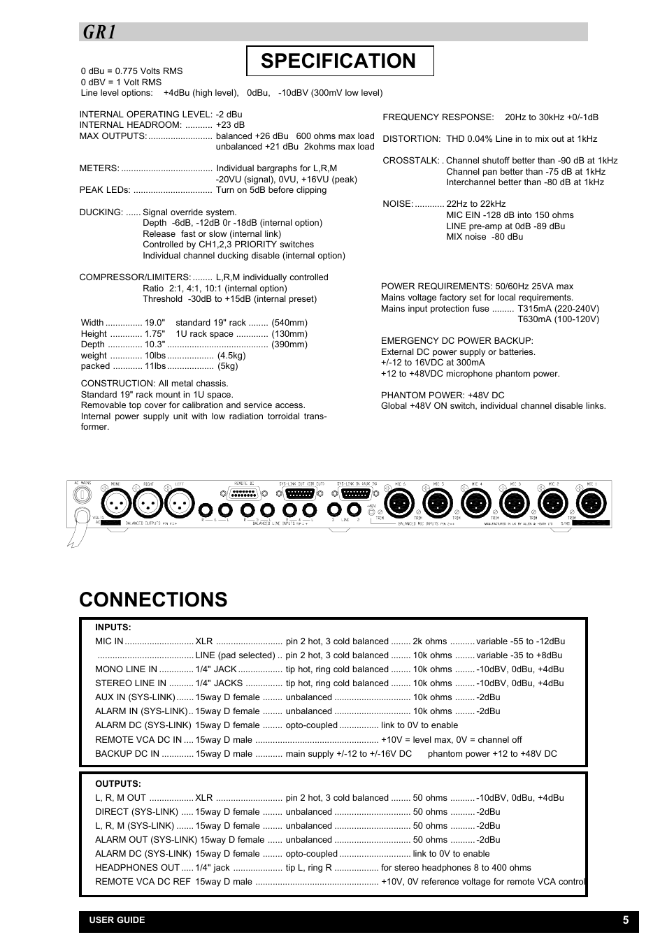 Specification connections | Allen&Heath GR1 USER GUIDE User Manual | Page 5 / 17