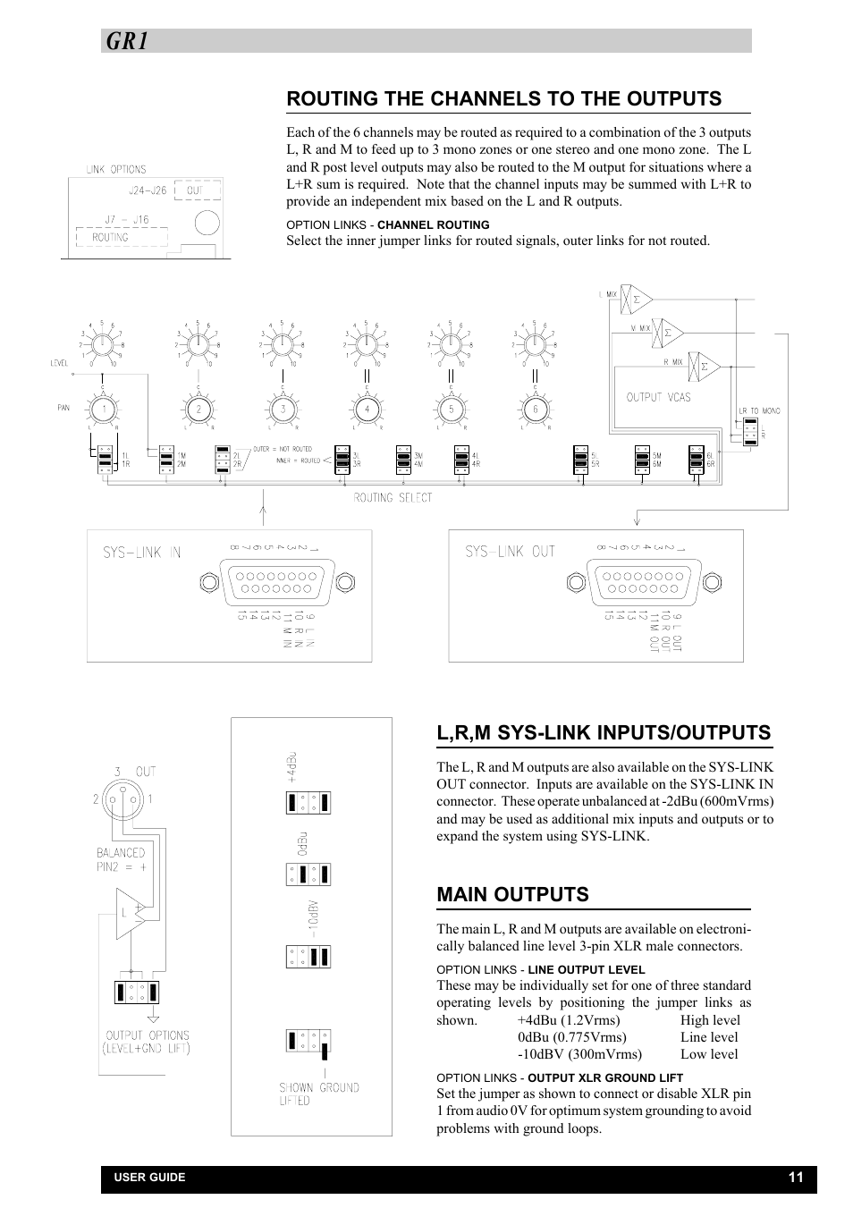 Routing the channels to the outputs, Main outputs, L,r,m sys-link inputs/outputs | Allen&Heath GR1 SERVICE MANUAL User Manual | Page 14 / 48