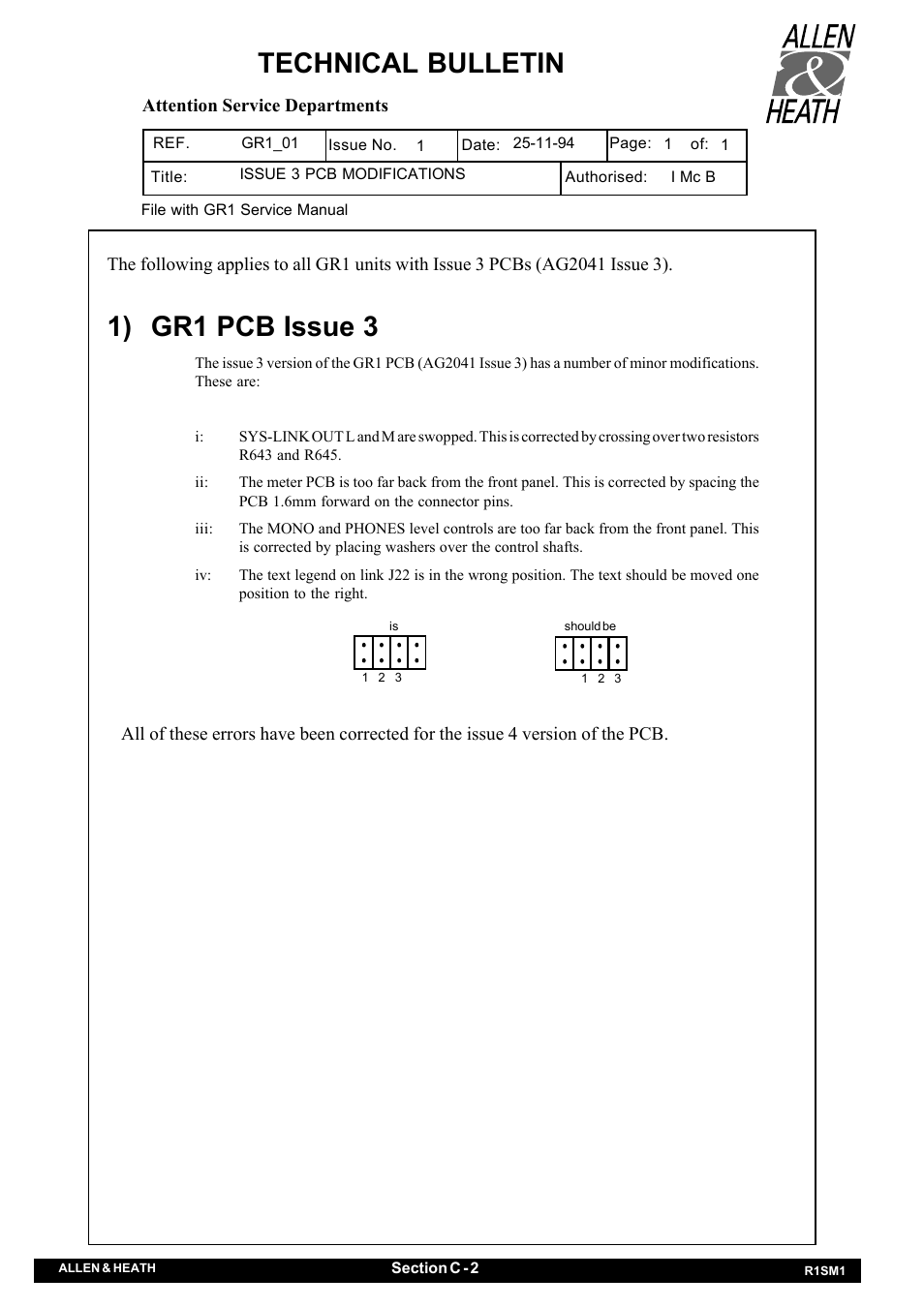 Technical bulletin, 1) gr1 pcb issue 3 | Allen&Heath GR1 SERVICE MANUAL User Manual | Page 29 / 48