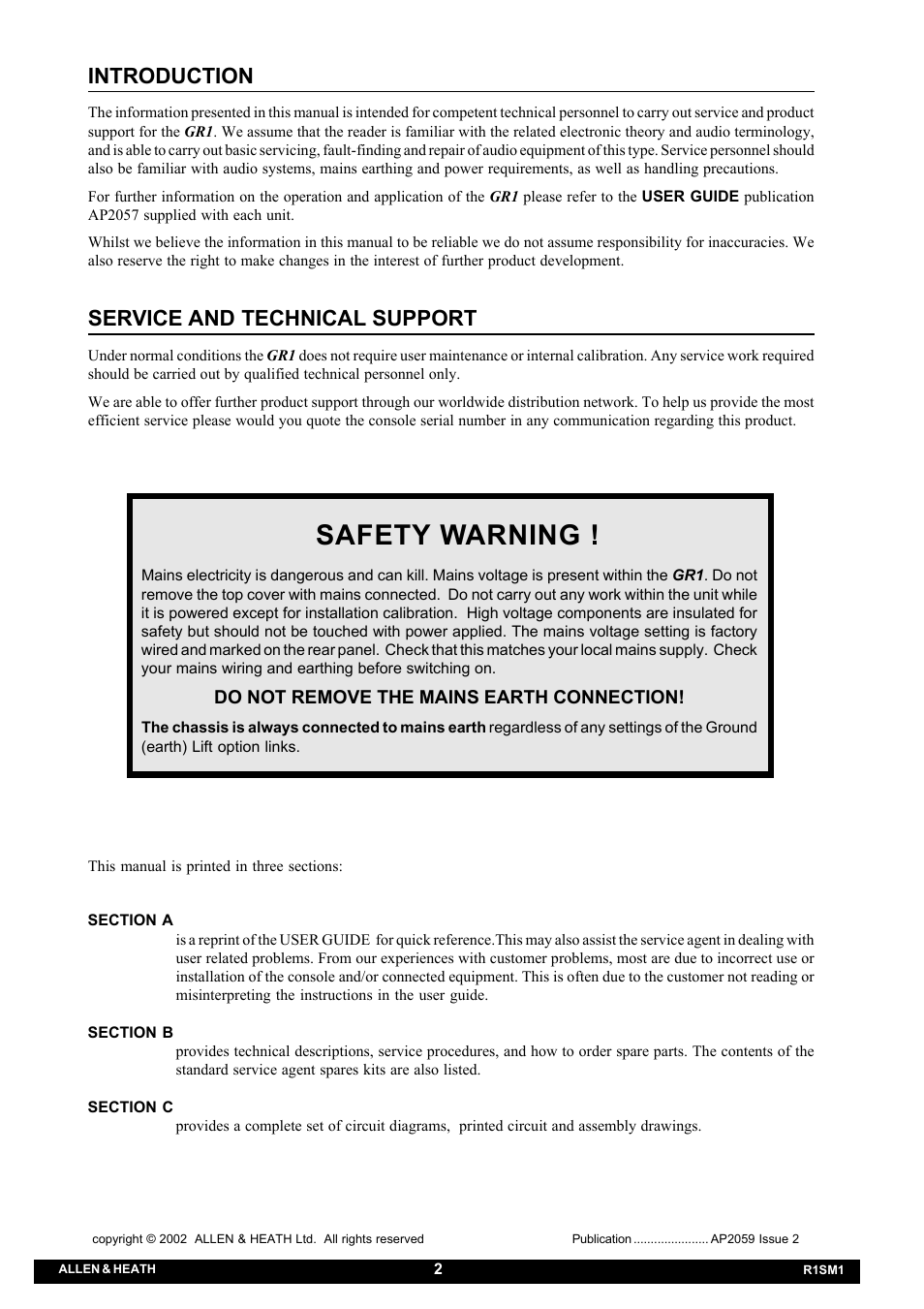 Safety warning, Introduction, Service and technical support | Allen&Heath GR1 SERVICE MANUAL User Manual | Page 3 / 48