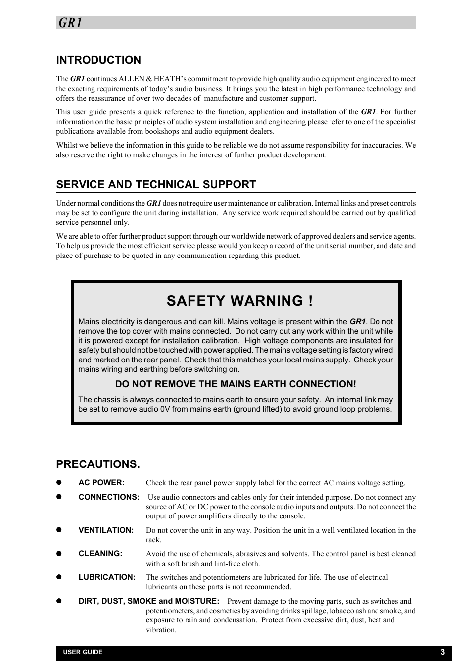 Safety warning, Introduction, Service and technical support | Precautions | Allen&Heath GR1 SERVICE MANUAL User Manual | Page 6 / 48