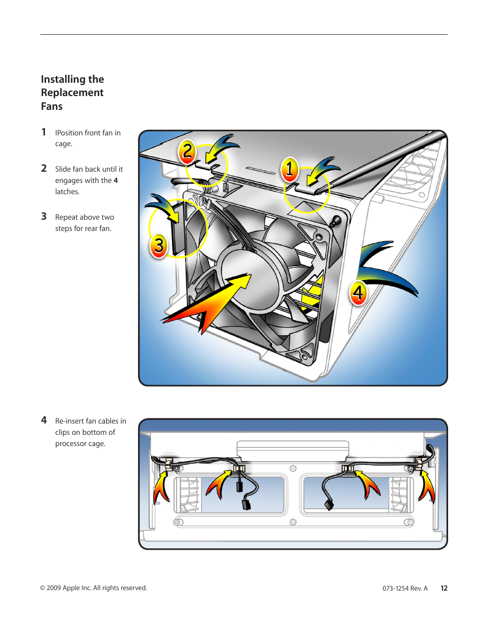 Installing the replacement fans | Apple Mac Pro (Processor Cage Fans, Front and Rear Replacement) User Manual | Page 12 / 15