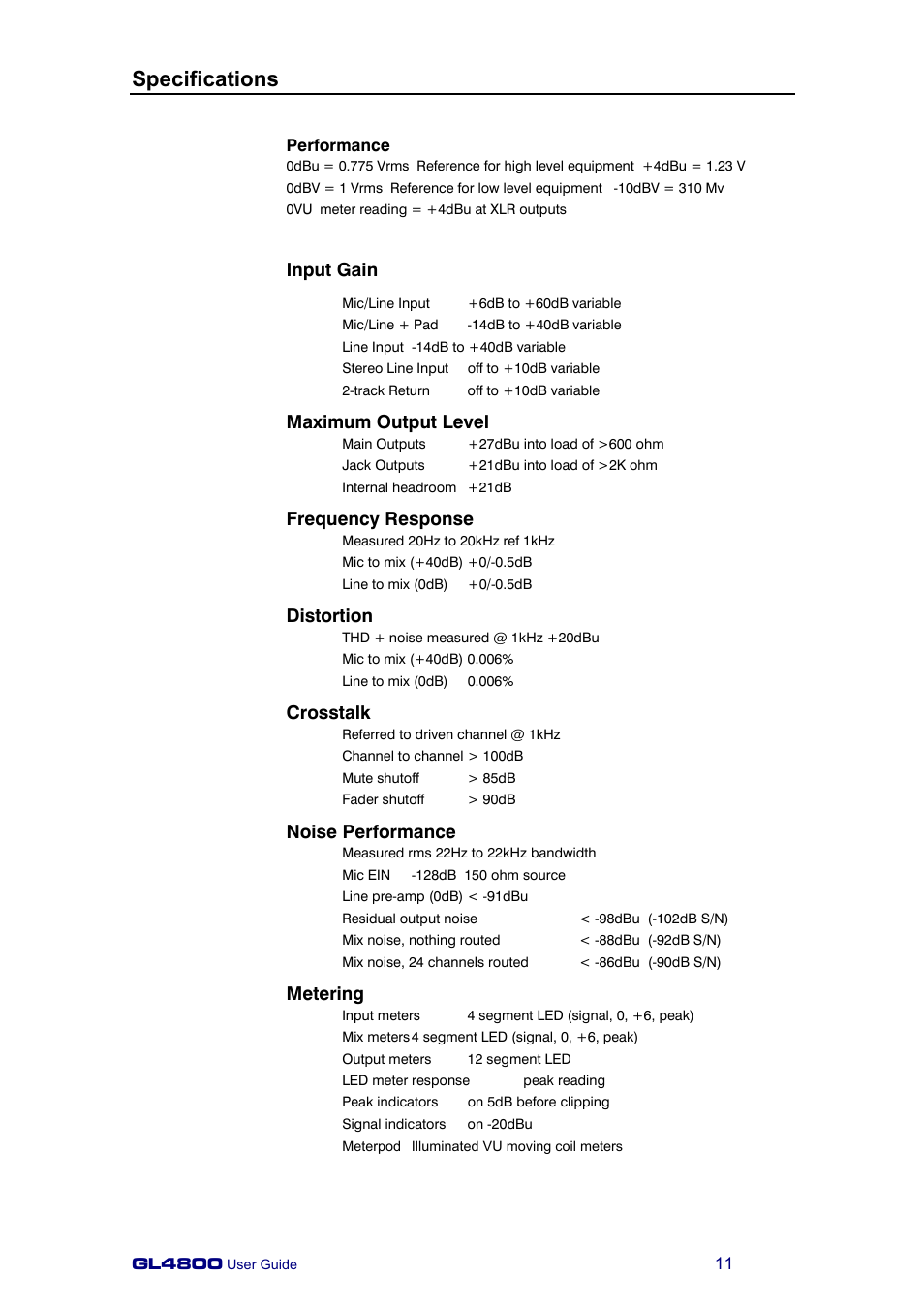 Specifications, Input gain, Maximum output level | Frequency response, Distortion, Crosstalk, Noise performance, Metering | Allen&Heath GL4800 USER GUIDE User Manual | Page 11 / 62