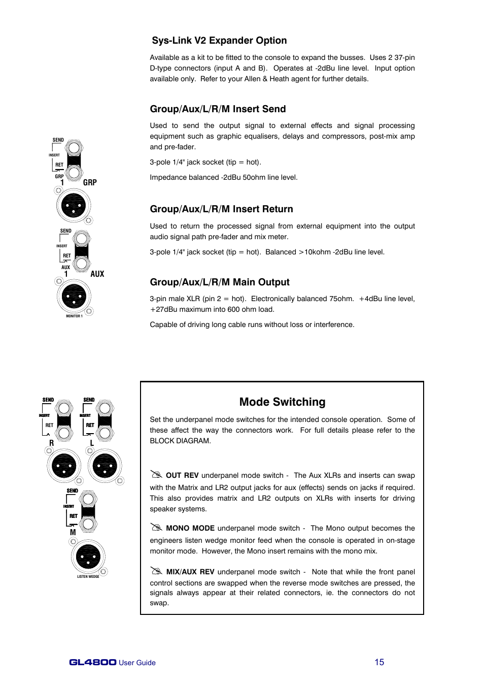 Mode switching, Sys-link v2 expander option, Group/aux/l/r/m insert send | Group/aux/l/r/m insert return, Group/aux/l/r/m main output, Gl4800 | Allen&Heath GL4800 USER GUIDE User Manual | Page 15 / 62