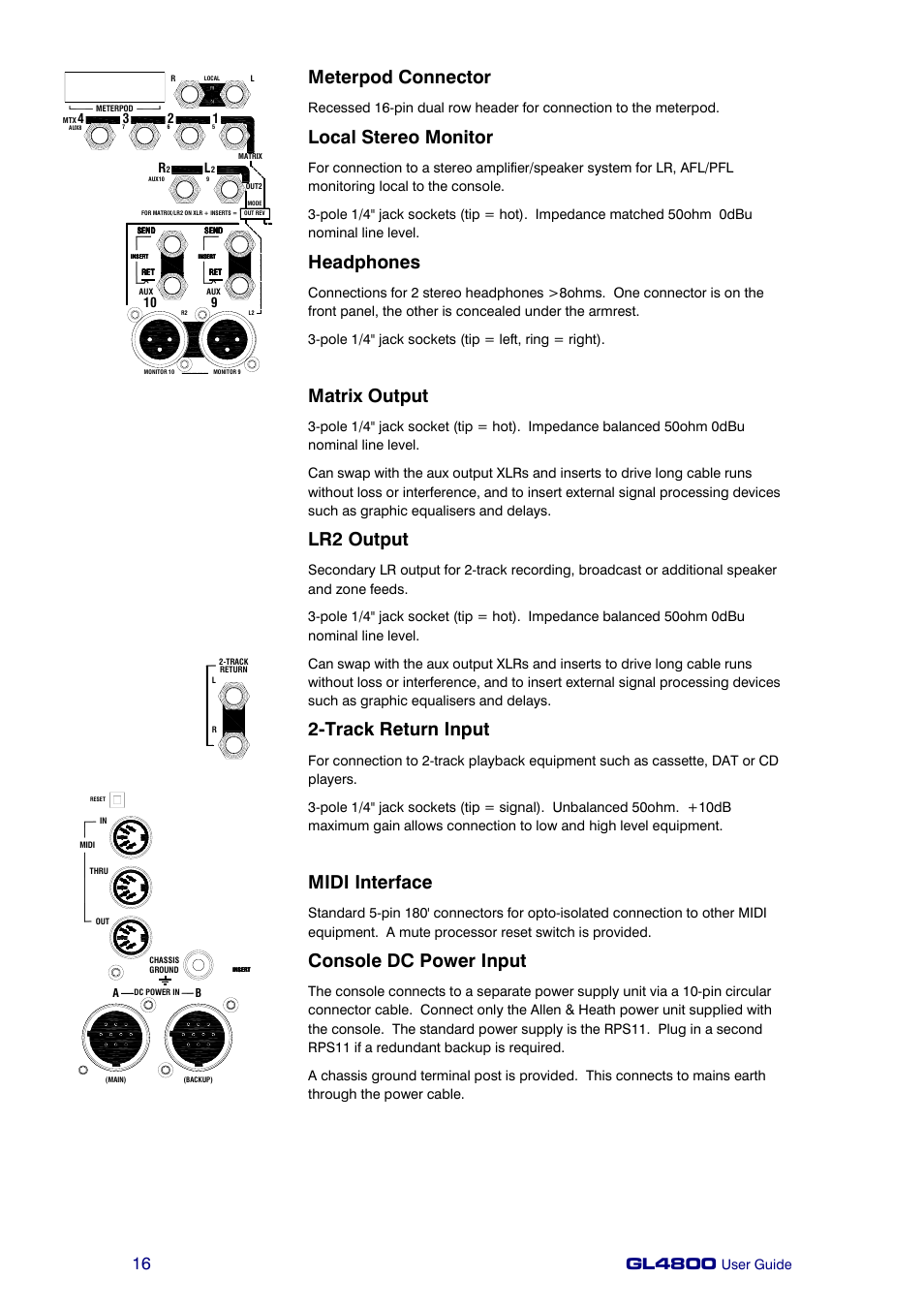 Meterpod connector, Local stereo monitor, Headphones | Matrix output, Lr2 output, Track return input, Midi interface, Console dc power input, Gl4800, User guide | Allen&Heath GL4800 USER GUIDE User Manual | Page 16 / 62