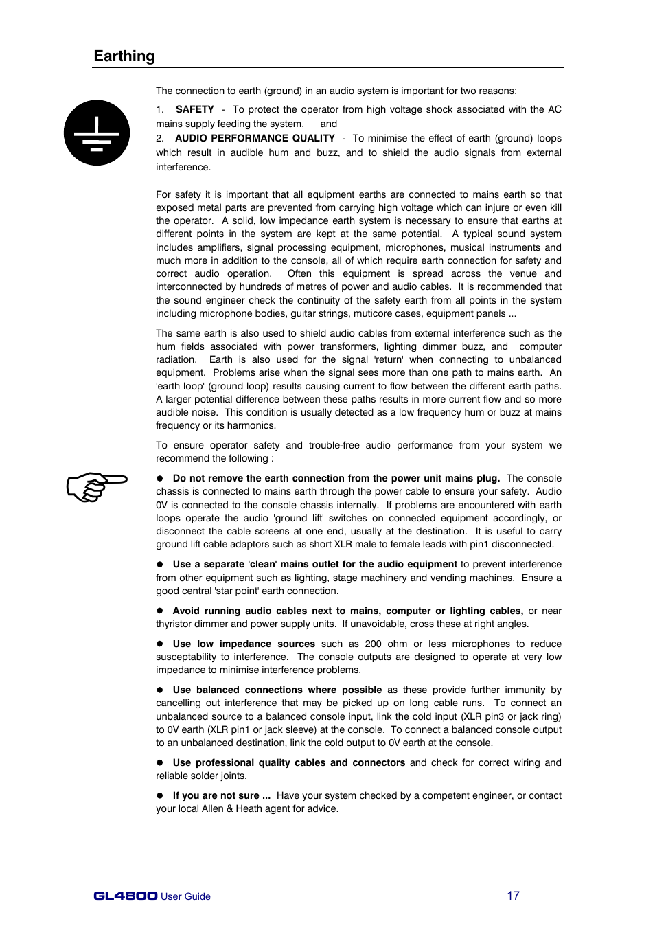Earthing | Allen&Heath GL4800 USER GUIDE User Manual | Page 17 / 62