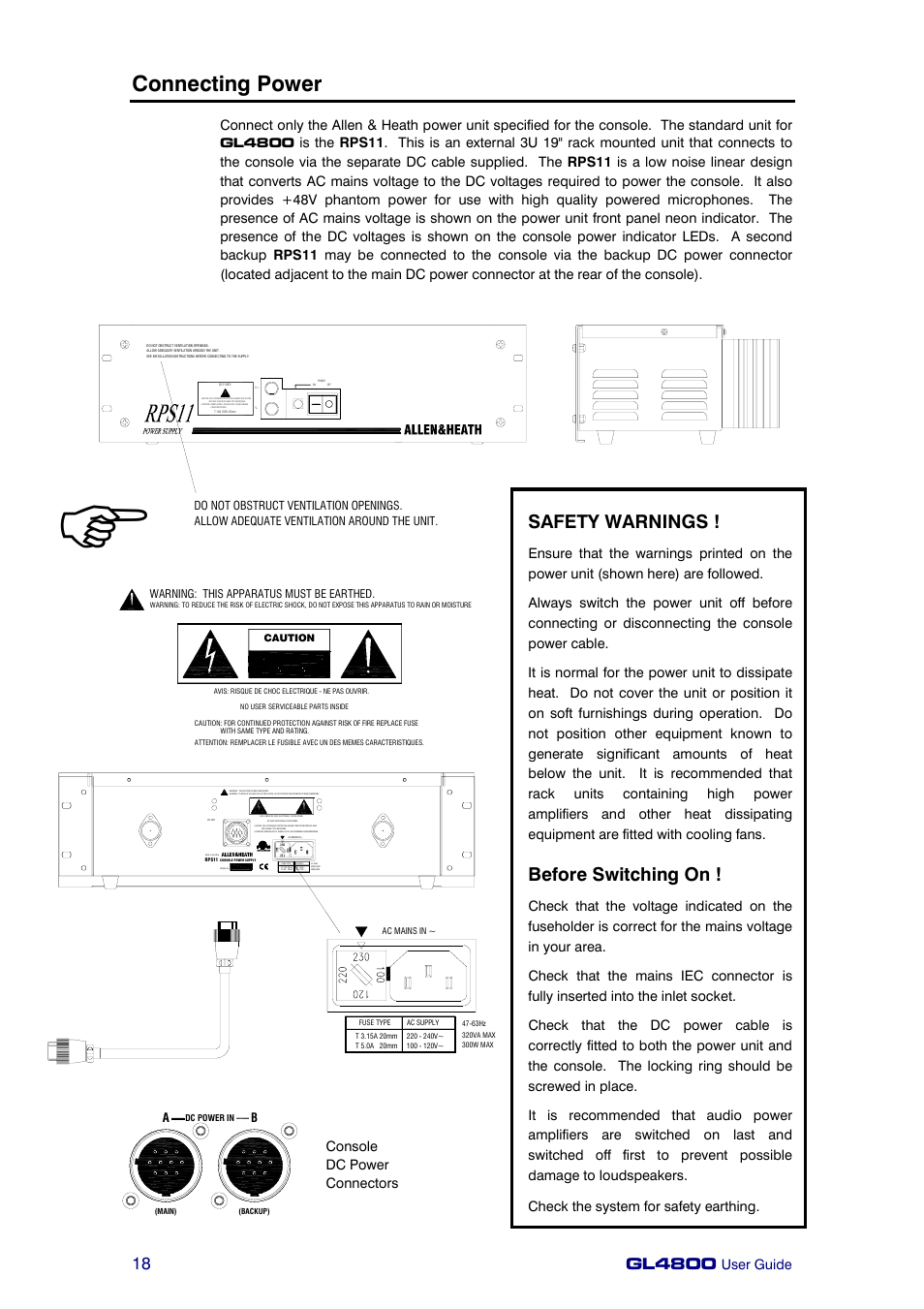 Connecting power, Safety warnings, Before switching on | Gl4800, User guide, Console dc power connectors | Allen&Heath GL4800 USER GUIDE User Manual | Page 18 / 62