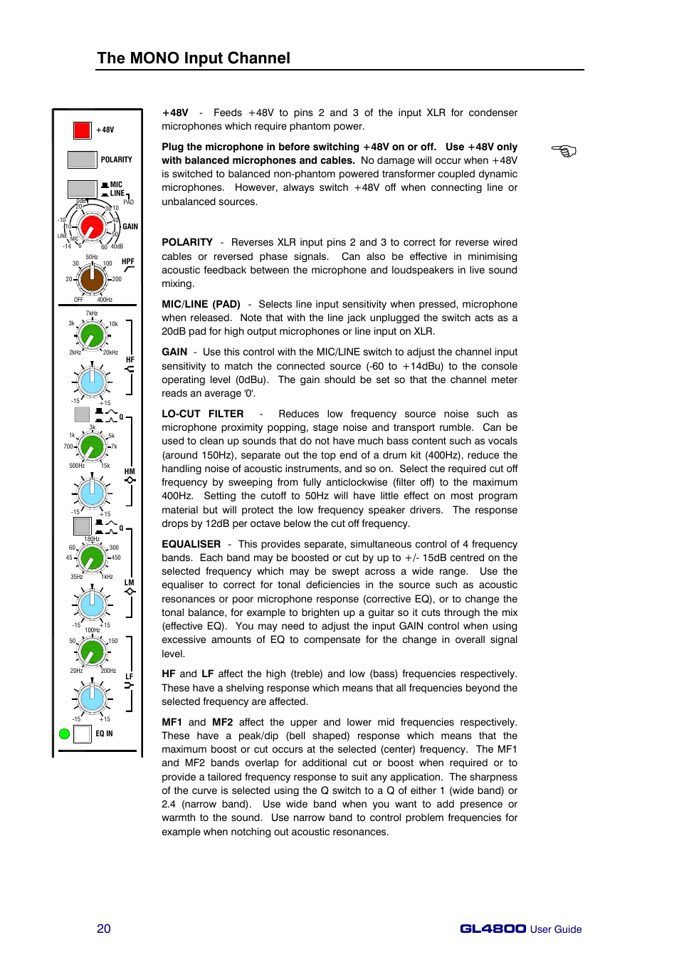 The mono input channel, Gl4800, User guide | Allen&Heath GL4800 USER GUIDE User Manual | Page 20 / 62