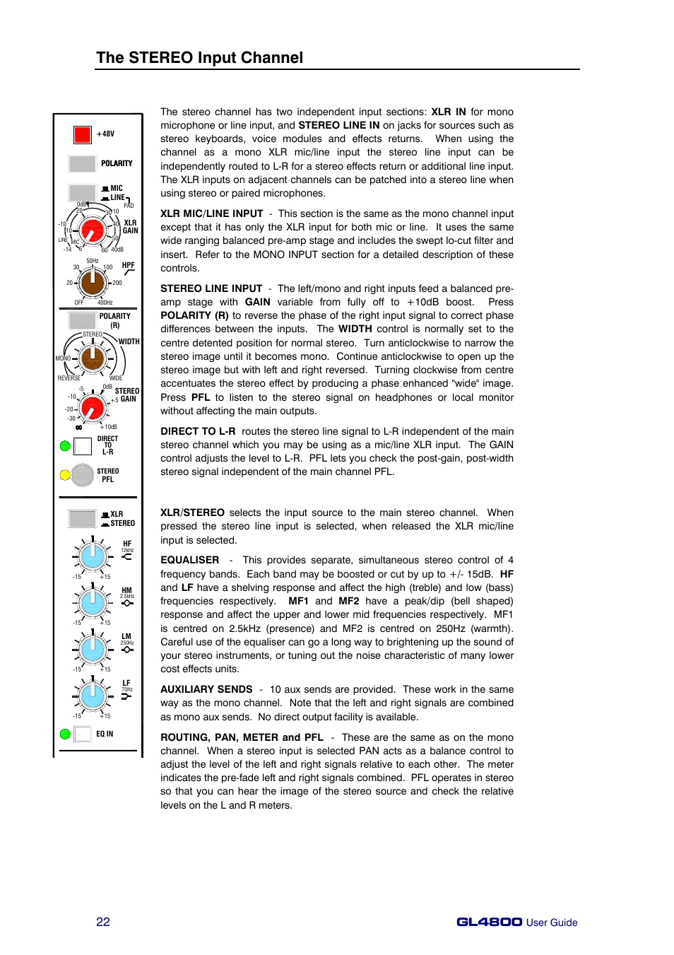 The stereo input channel, Gl4800, User guide | Allen&Heath GL4800 USER GUIDE User Manual | Page 22 / 62