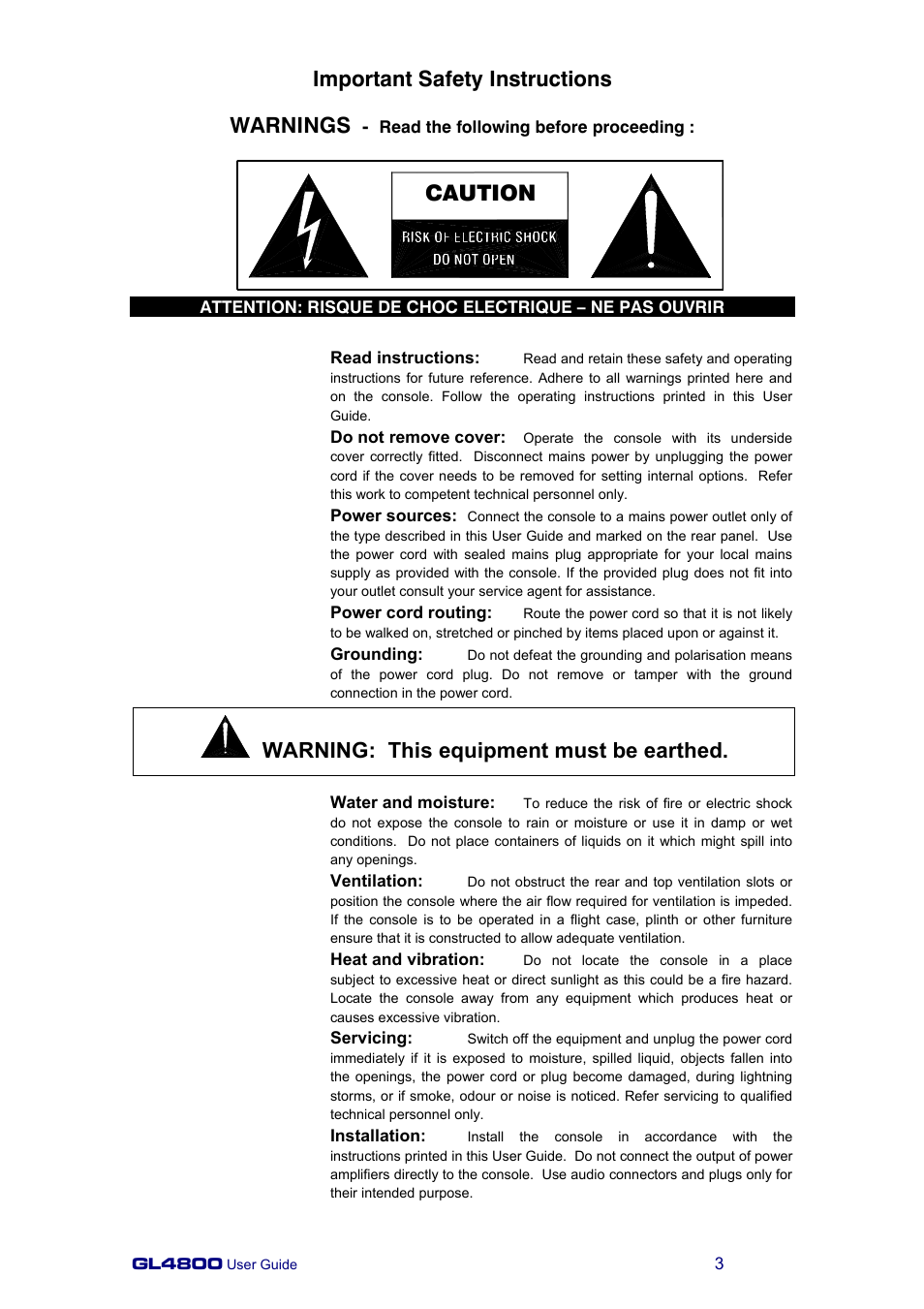 Important safety instructions warnings, Caution warning: this equipment must be earthed | Allen&Heath GL4800 USER GUIDE User Manual | Page 3 / 62