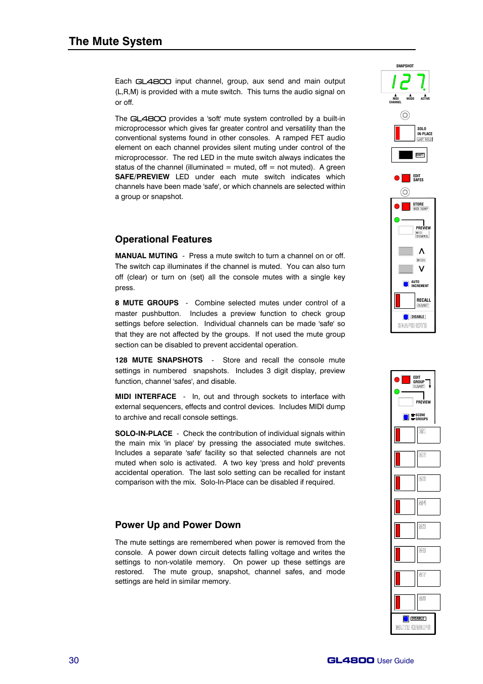 The mute system, Operational features, Power up and power down | Gl4800 | Allen&Heath GL4800 USER GUIDE User Manual | Page 30 / 62