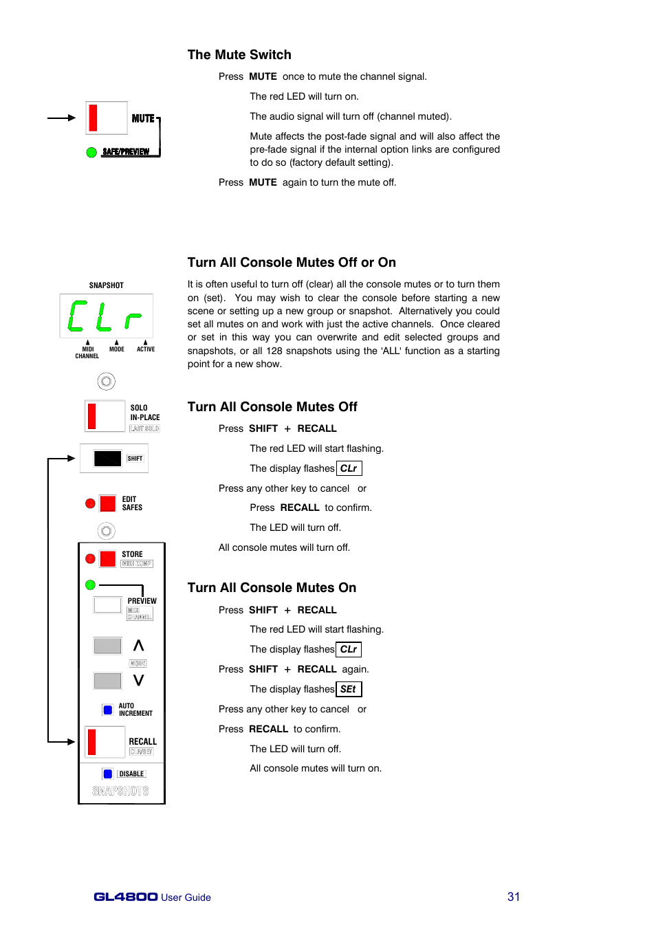 The mute switch, Turn all console mutes off or on, Turn all console mutes off | Turn all console mutes on | Allen&Heath GL4800 USER GUIDE User Manual | Page 31 / 62