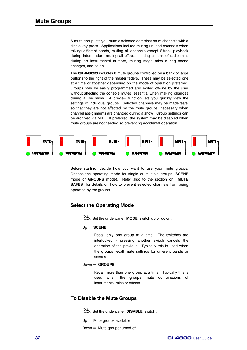 Mute groups, Select the operating mode | Allen&Heath GL4800 USER GUIDE User Manual | Page 32 / 62