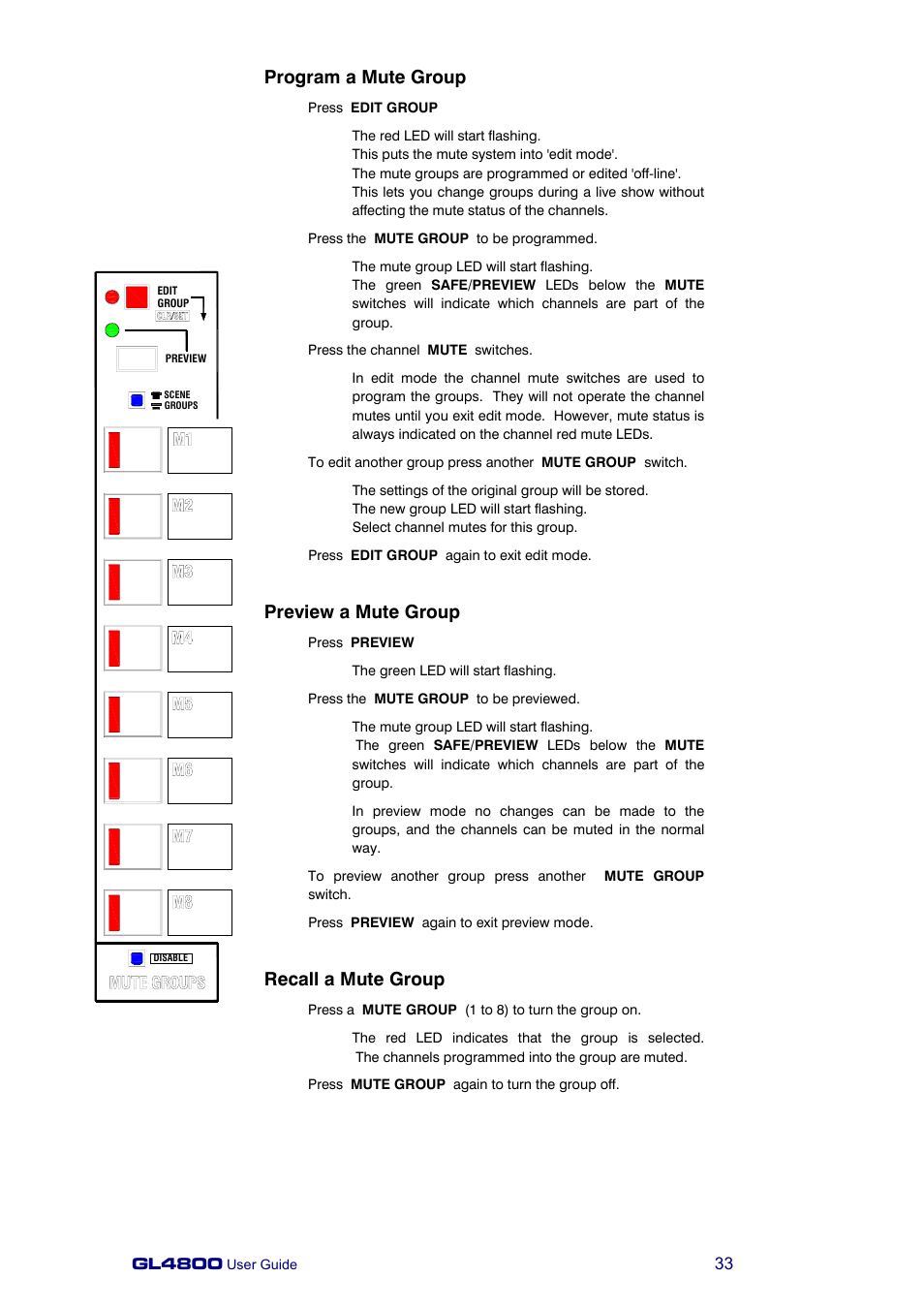 Program a mute group, Preview a mute group, Recall a mute group | Allen&Heath GL4800 USER GUIDE User Manual | Page 33 / 62