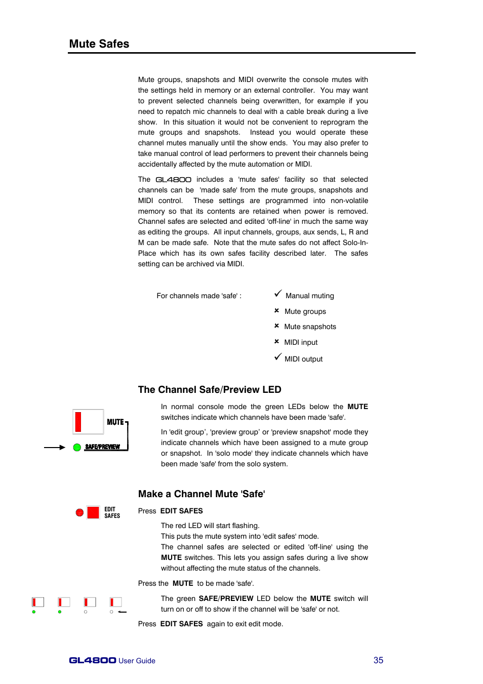 Mute safes, The channel safe/preview led, Make a channel mute 'safe | Allen&Heath GL4800 USER GUIDE User Manual | Page 35 / 62