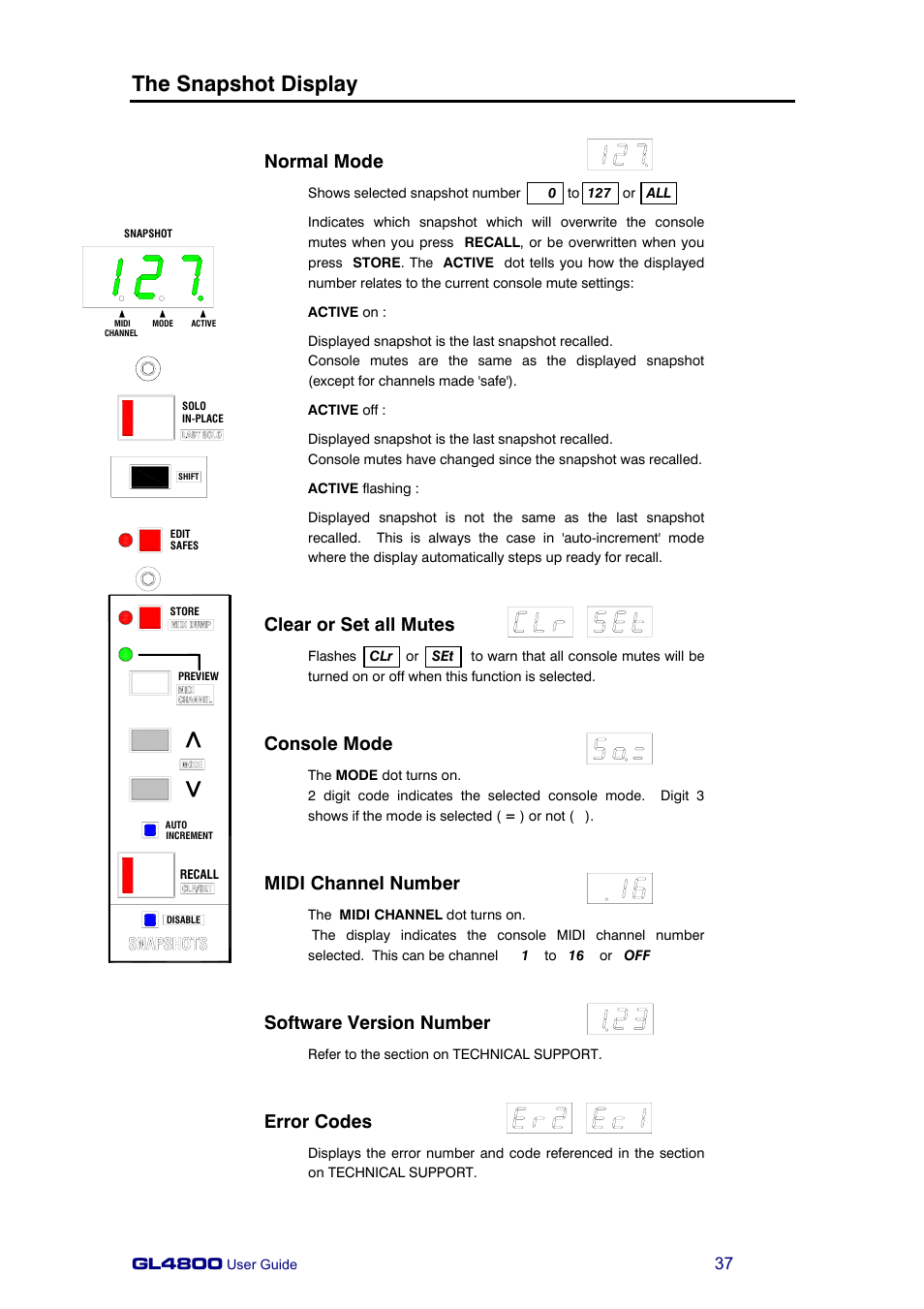 The snapshot display, Normal mode, Clear or set all mutes | Console mode, Midi channel number, Software version number, Error codes | Allen&Heath GL4800 USER GUIDE User Manual | Page 37 / 62