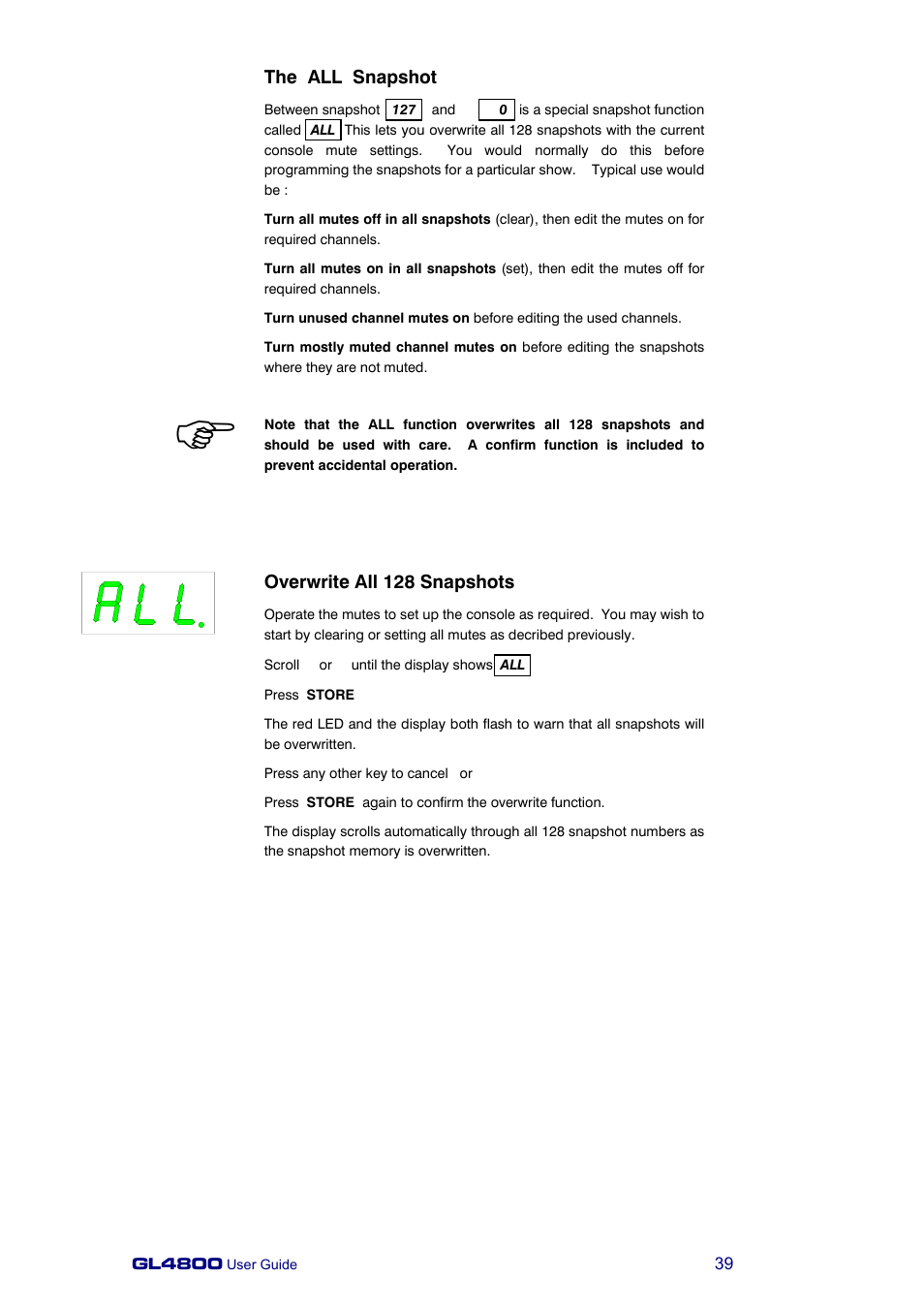 The all snapshot, Overwrite all 128 snapshots | Allen&Heath GL4800 USER GUIDE User Manual | Page 39 / 62
