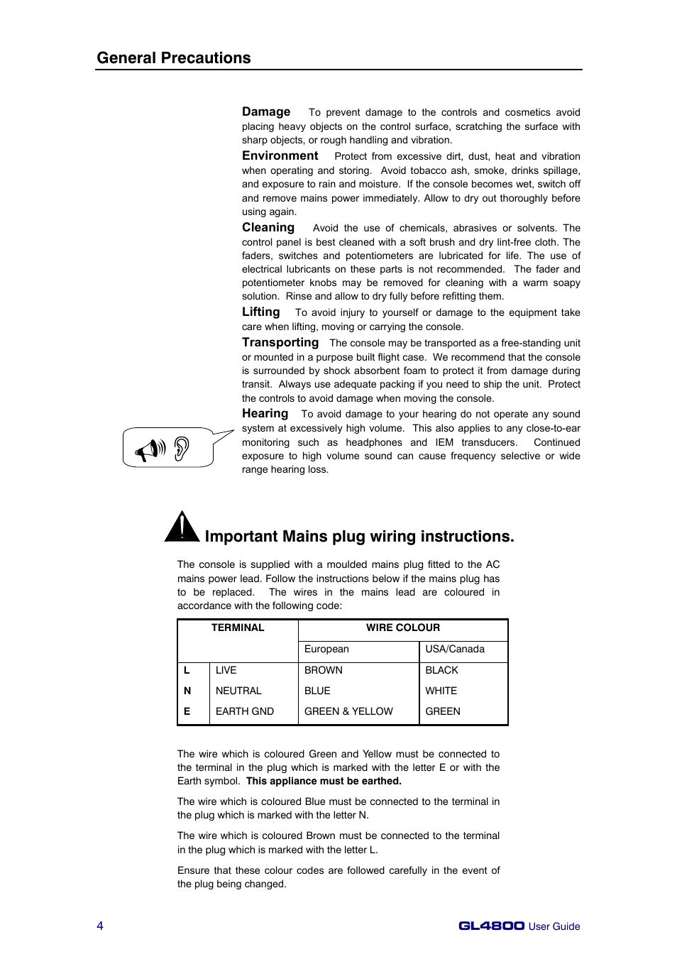 General precautions, Important mains plug wiring instructions | Allen&Heath GL4800 USER GUIDE User Manual | Page 4 / 62