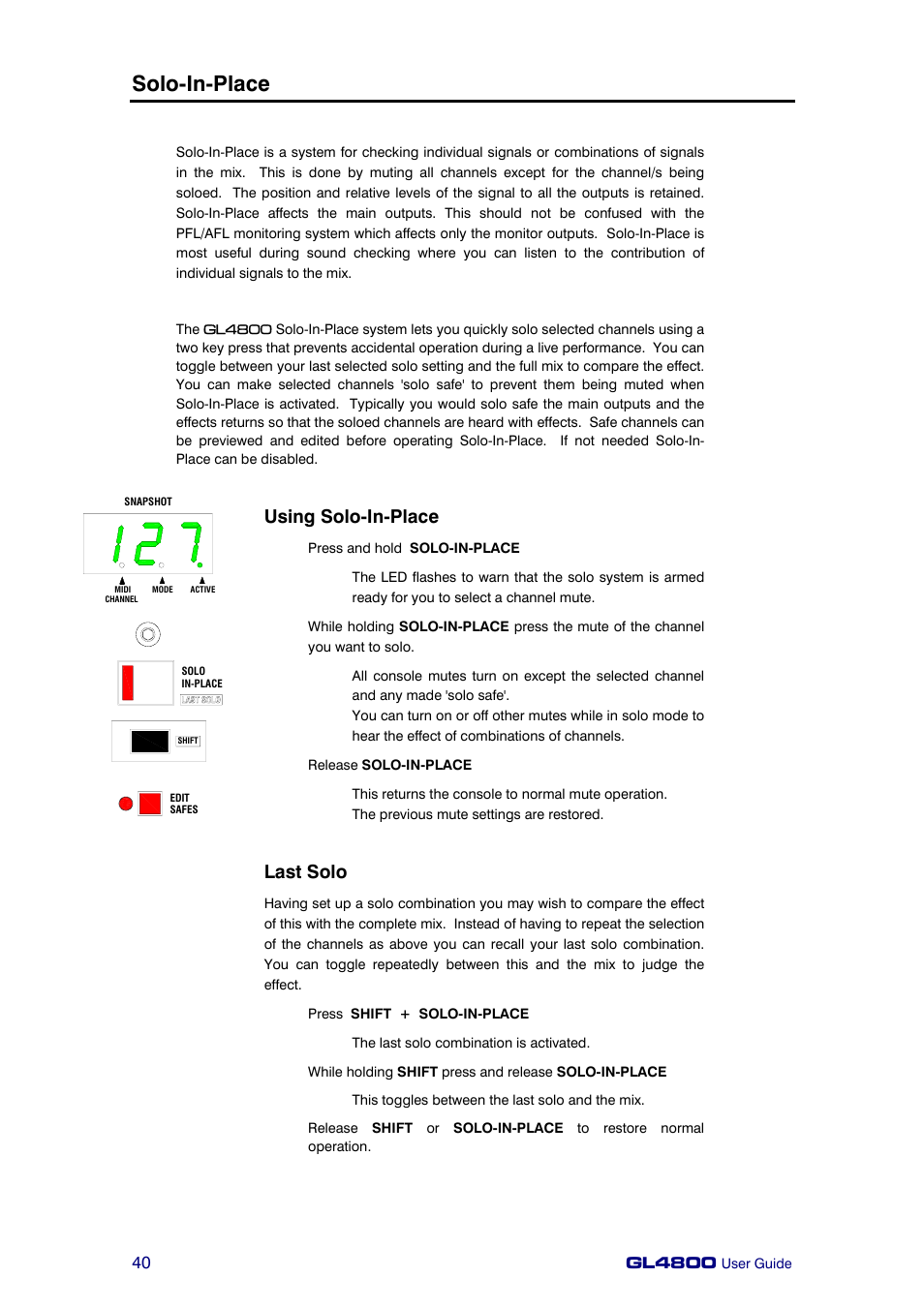 Solo-in-place, Using solo-in-place, Last solo | Allen&Heath GL4800 USER GUIDE User Manual | Page 40 / 62